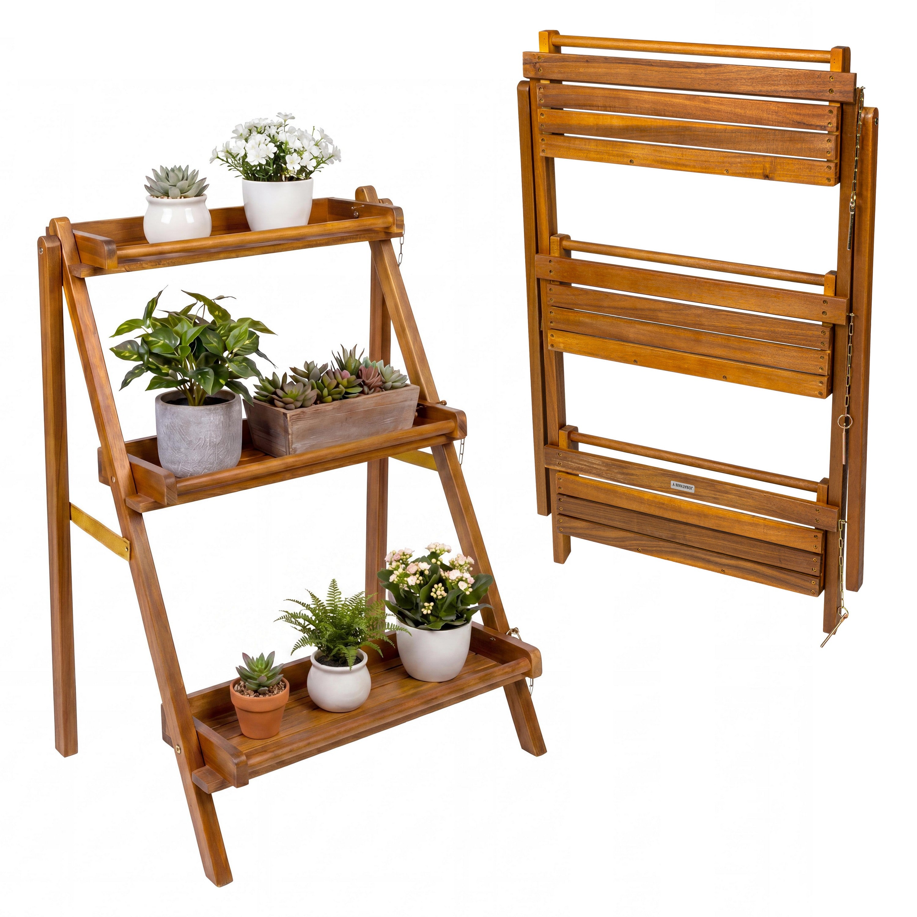 Hollis 3-Tier Acacia Wood Indoor/Outdoor Foldable Ladder Plant Stand Display