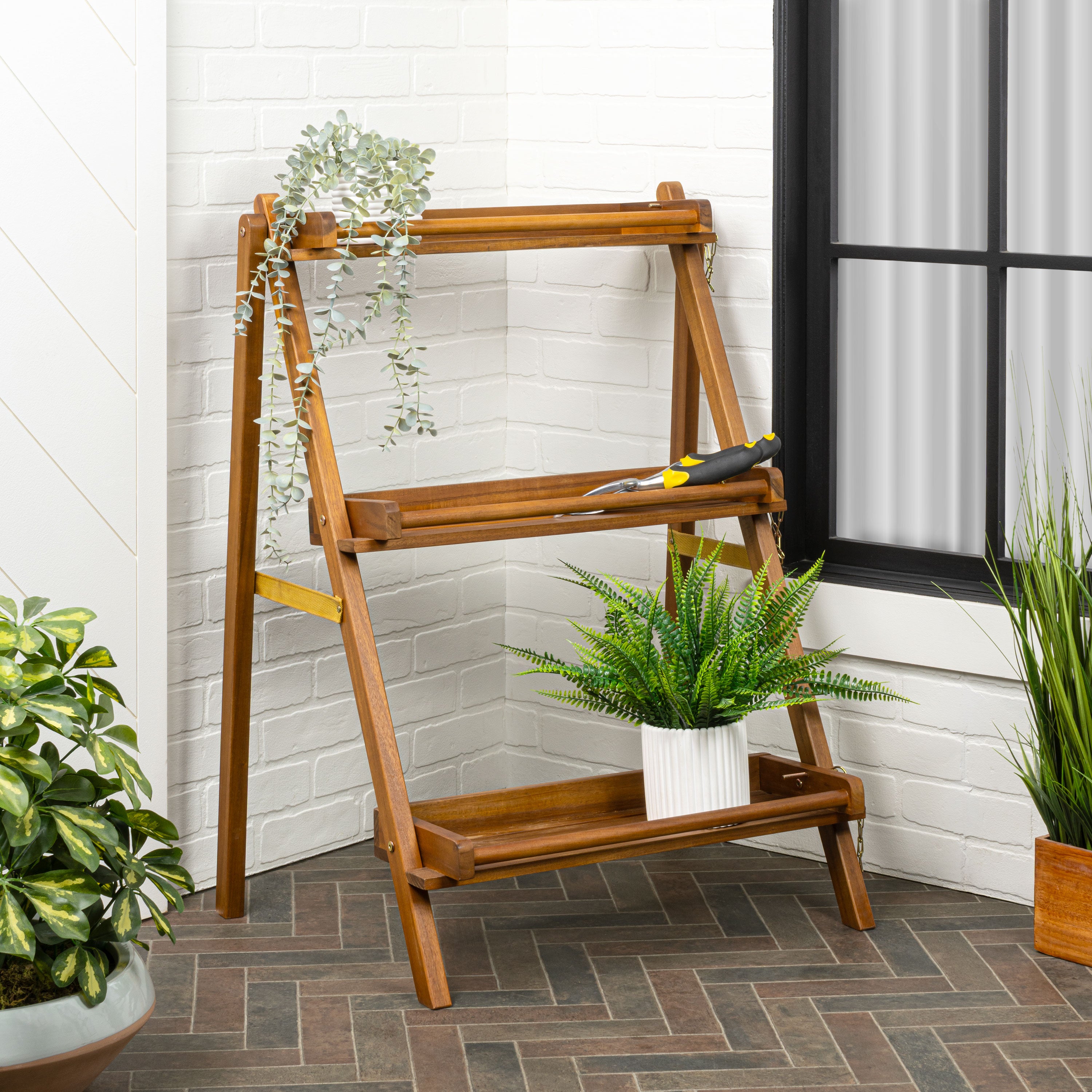 Hollis 3-Tier Acacia Wood Indoor/Outdoor Foldable Ladder Plant Stand Display