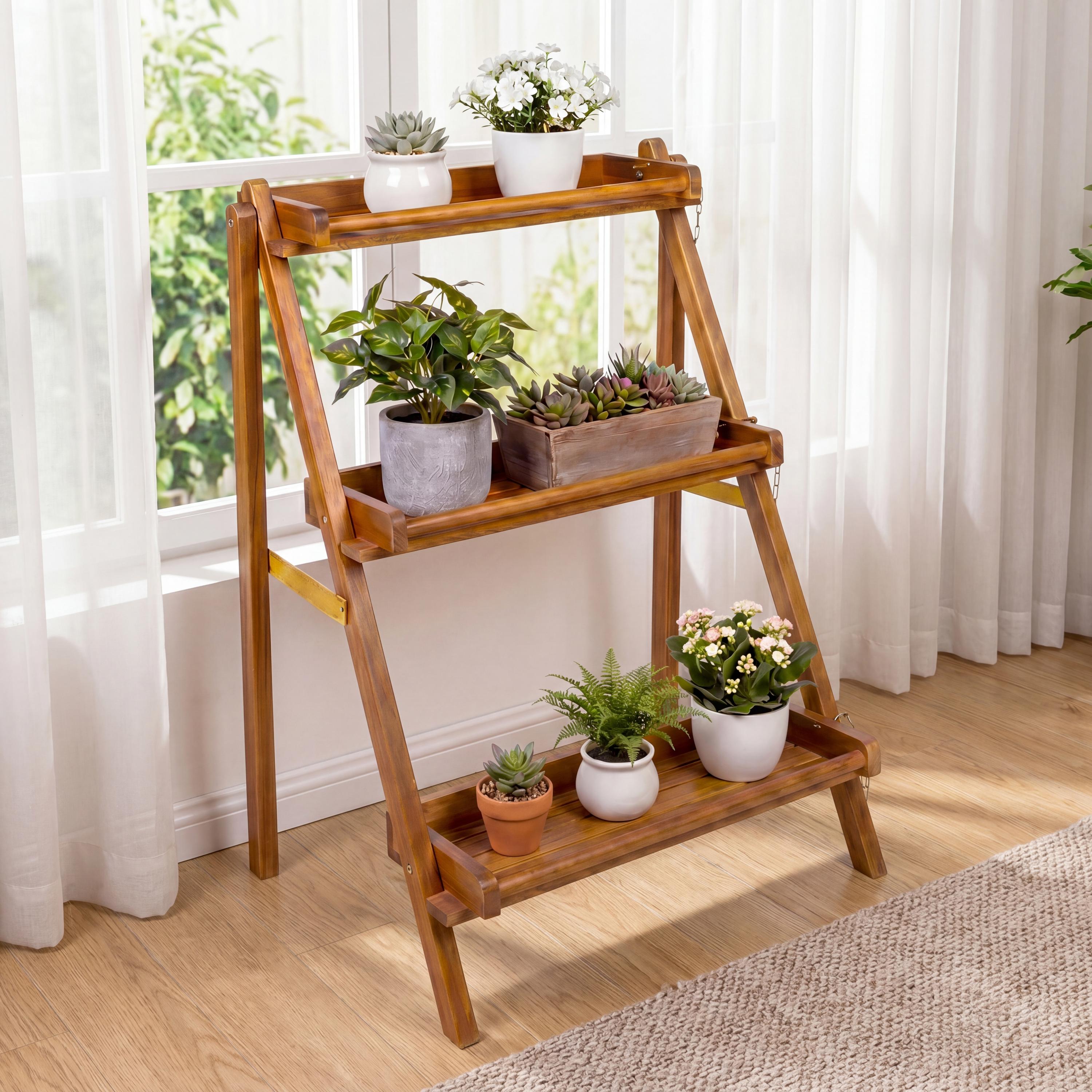 Hollis 3-Tier Acacia Wood Indoor/Outdoor Foldable Ladder Plant Stand Display