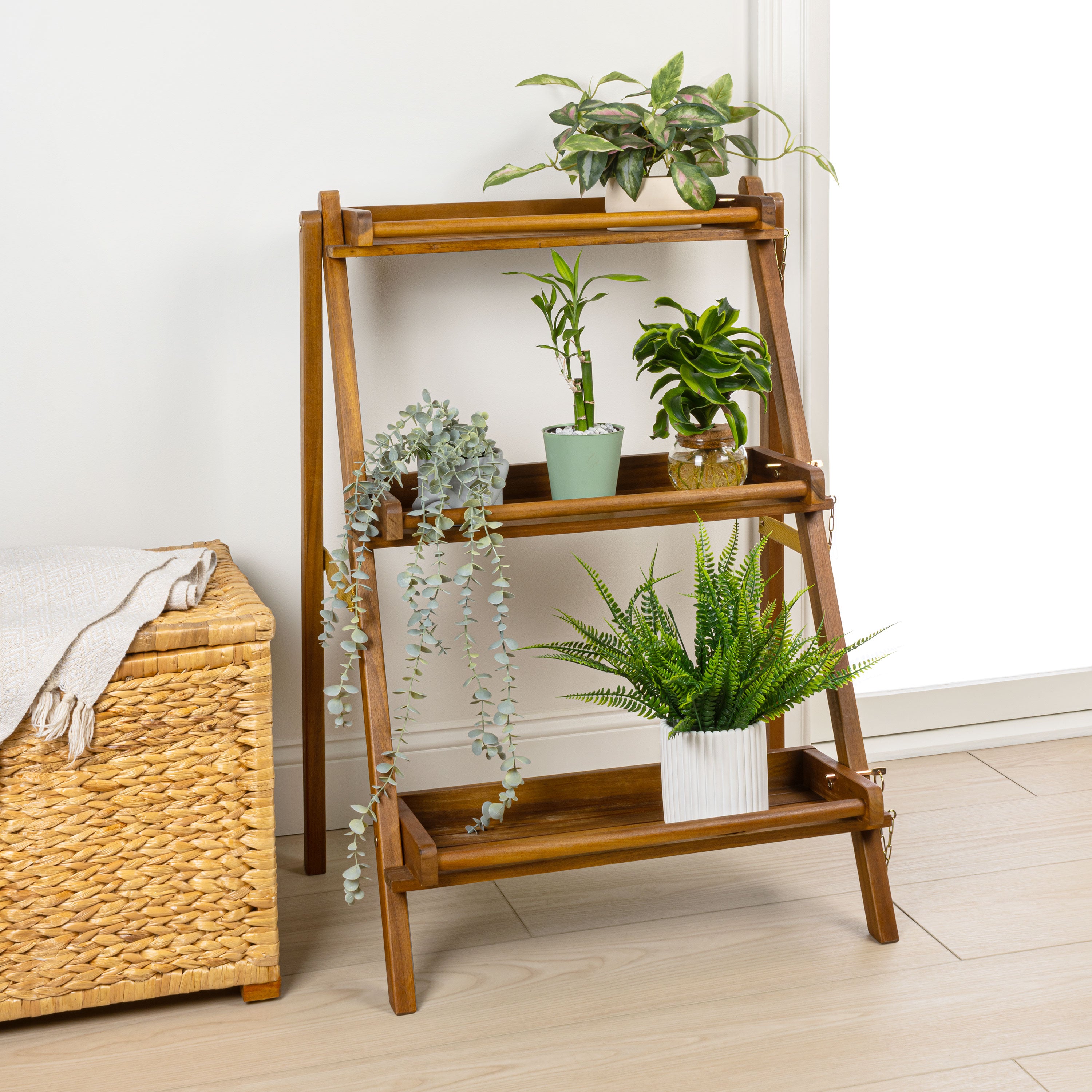 Hollis 3-Tier Acacia Wood Indoor/Outdoor Foldable Ladder Plant Stand Display