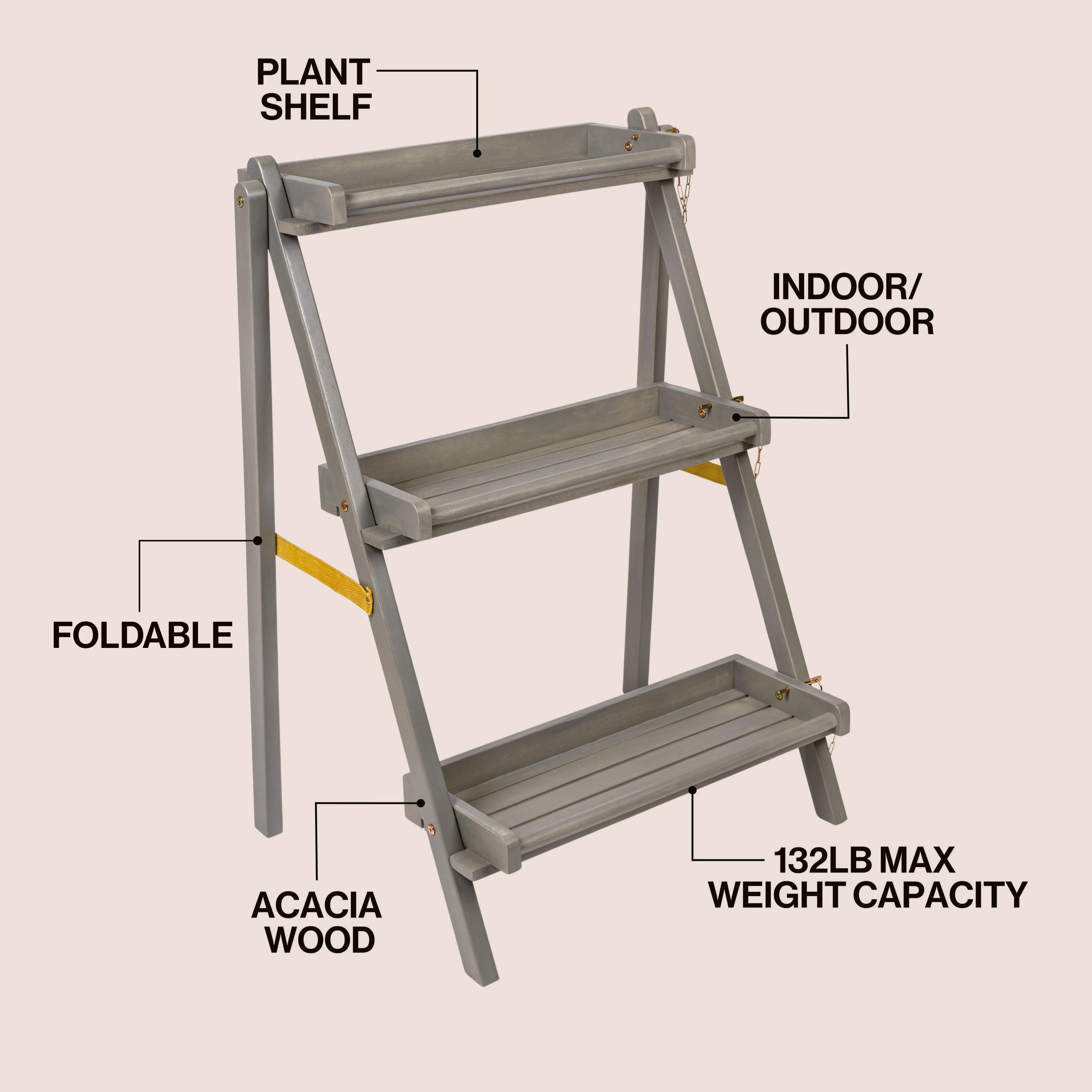 Hollis 3-Tier Acacia Wood Indoor/Outdoor Foldable Ladder Plant Stand Display