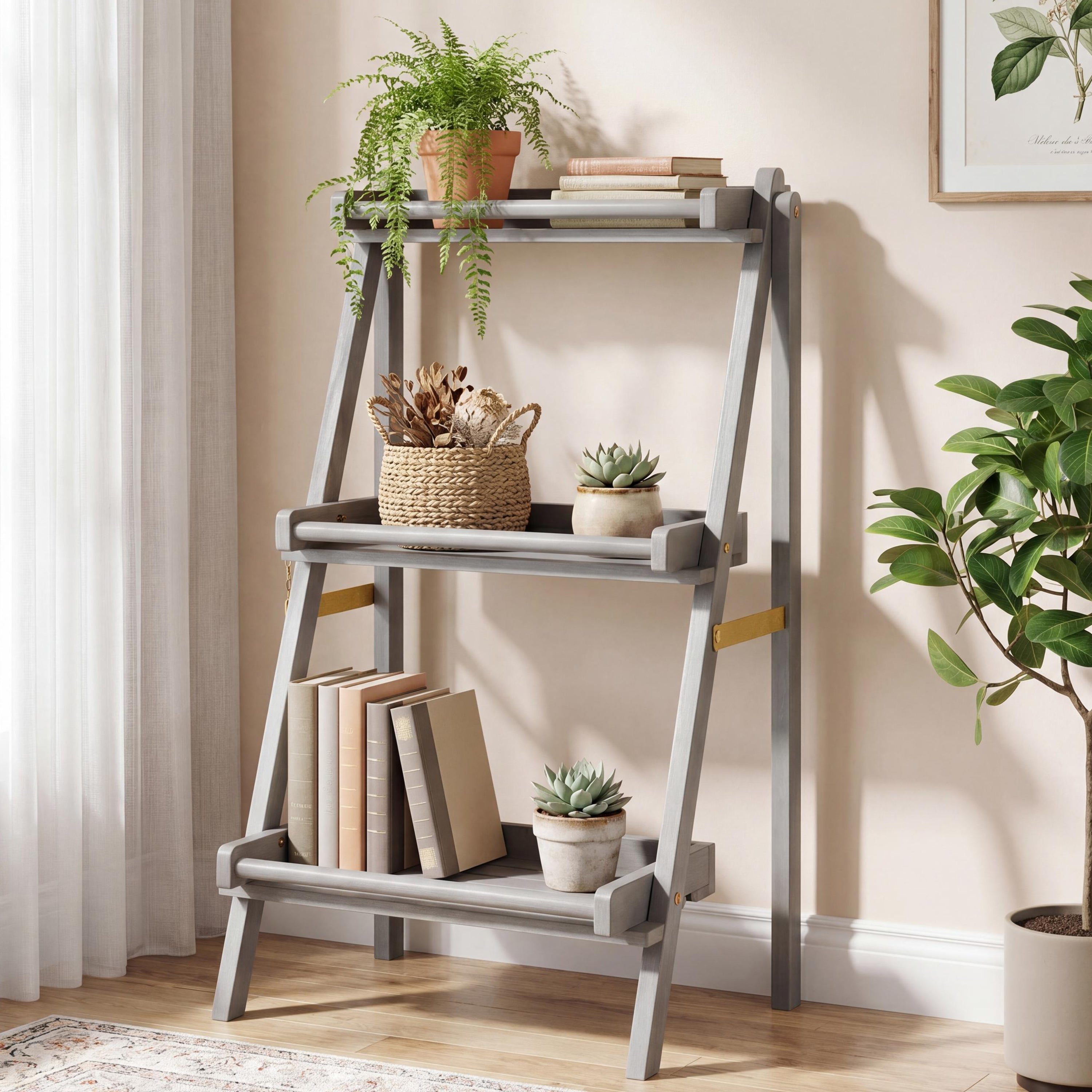 Hollis 3-Tier Acacia Wood Indoor/Outdoor Foldable Ladder Plant Stand Display