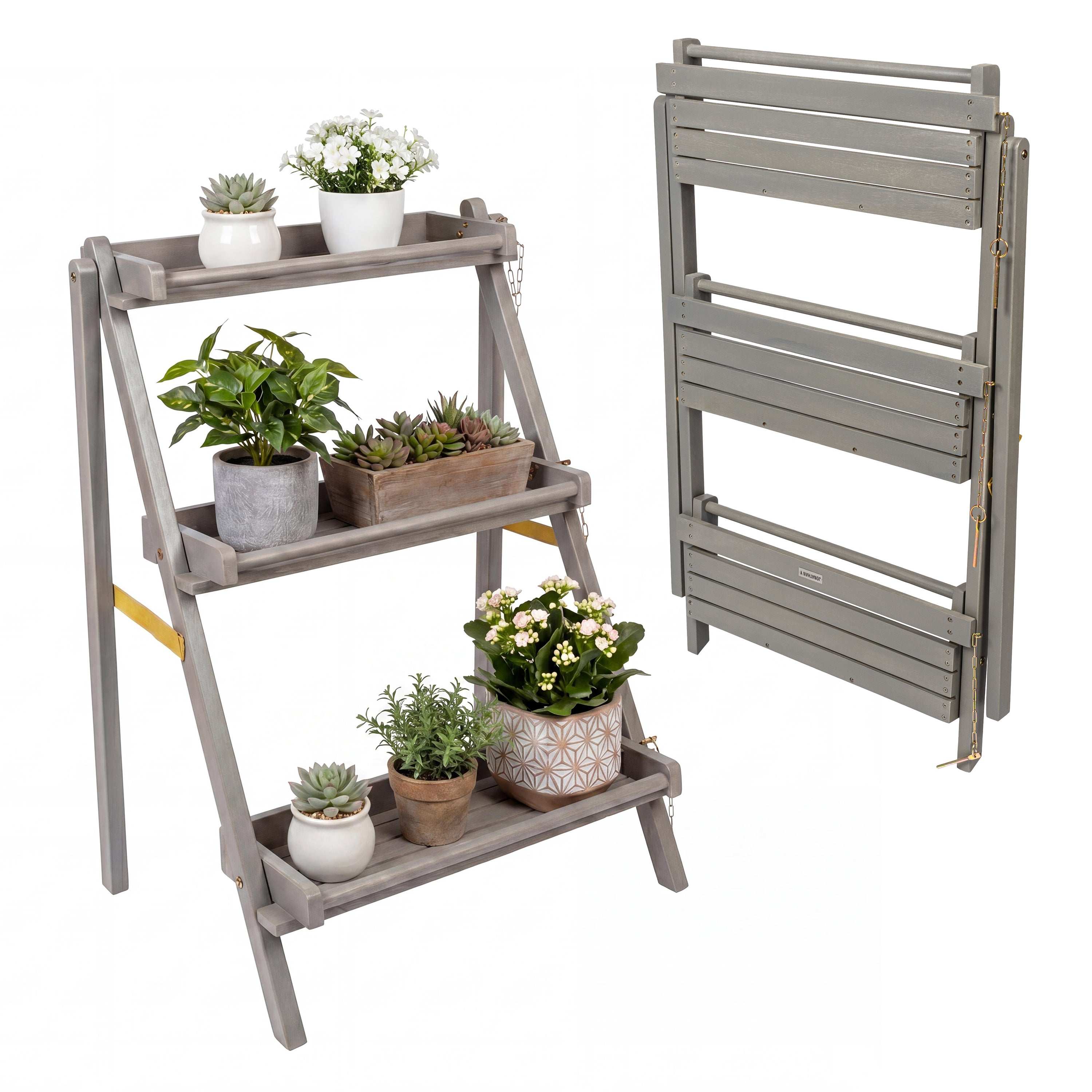 Hollis 3-Tier Acacia Wood Indoor/Outdoor Foldable Ladder Plant Stand Display