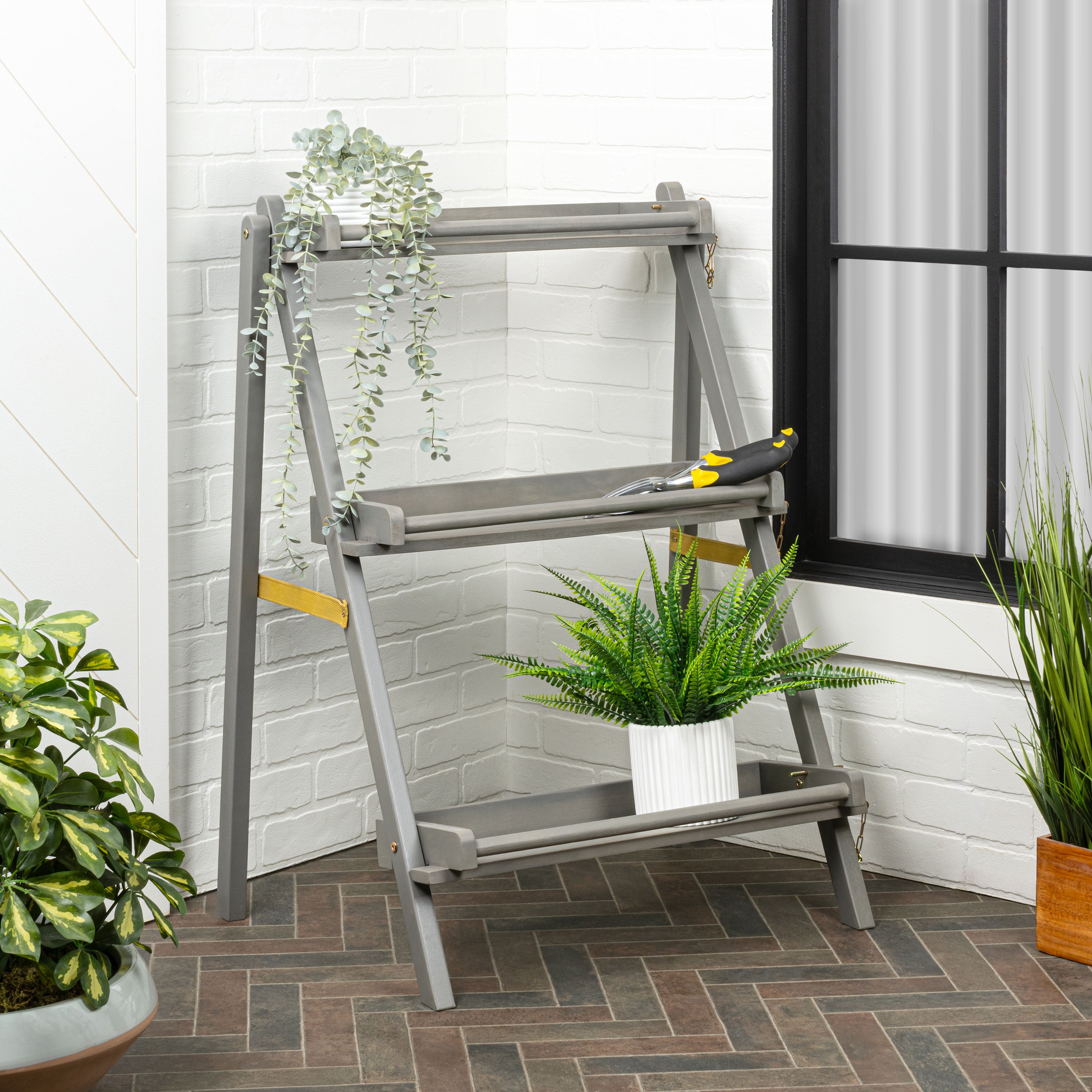 Hollis 3-Tier Acacia Wood Indoor/Outdoor Foldable Ladder Plant Stand Display