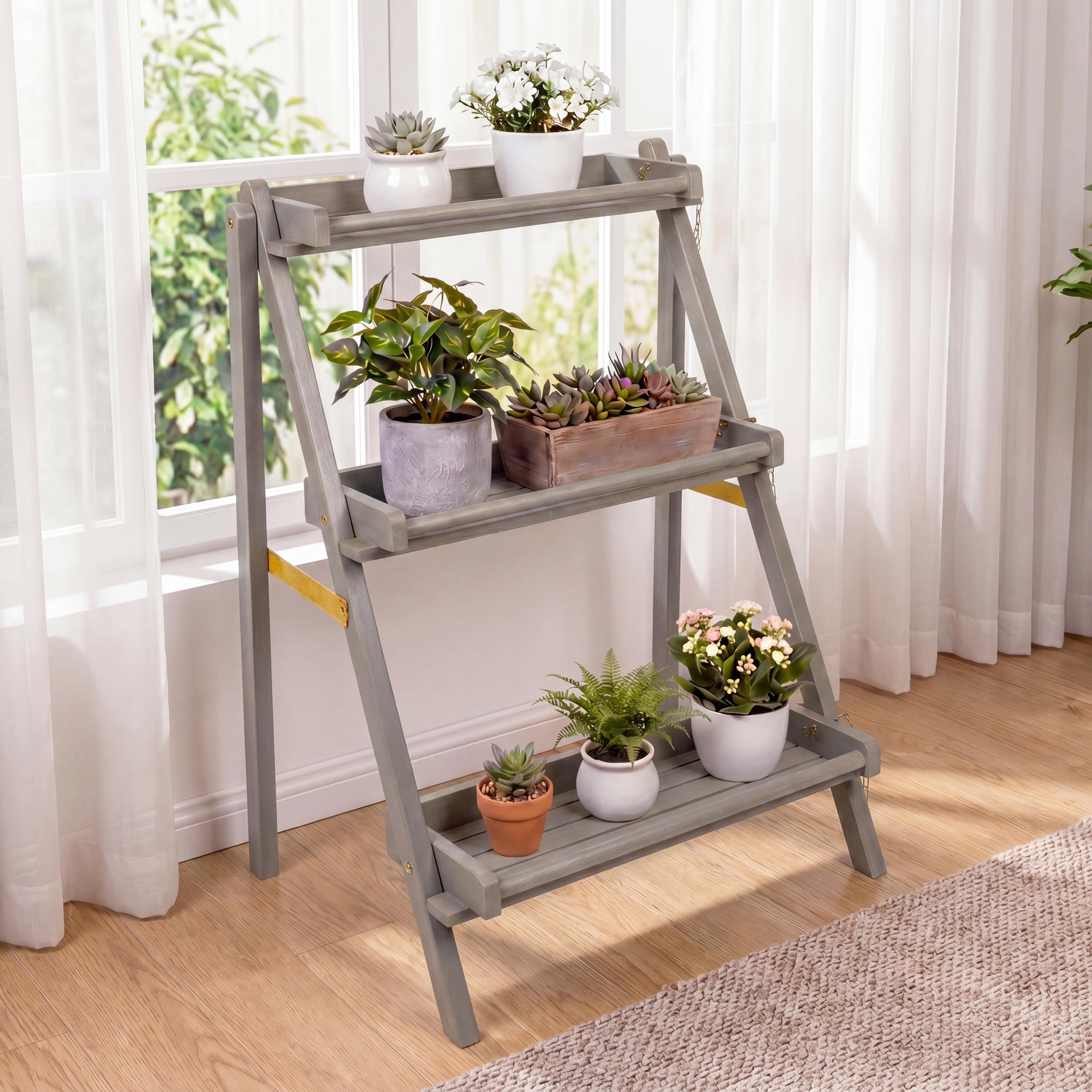 Hollis 3-Tier Acacia Wood Indoor/Outdoor Foldable Ladder Plant Stand Display