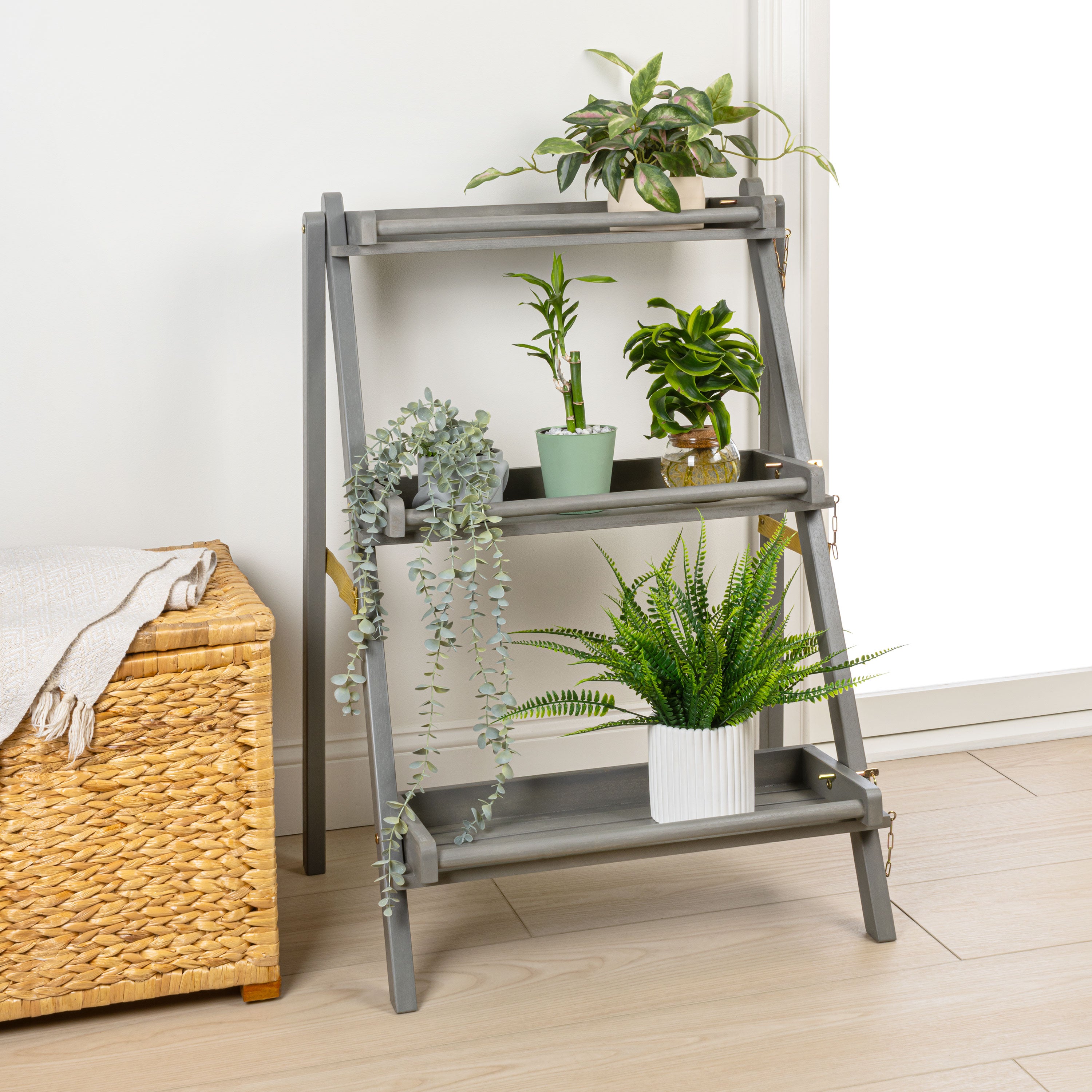 Hollis 3-Tier Acacia Wood Indoor/Outdoor Foldable Ladder Plant Stand Display