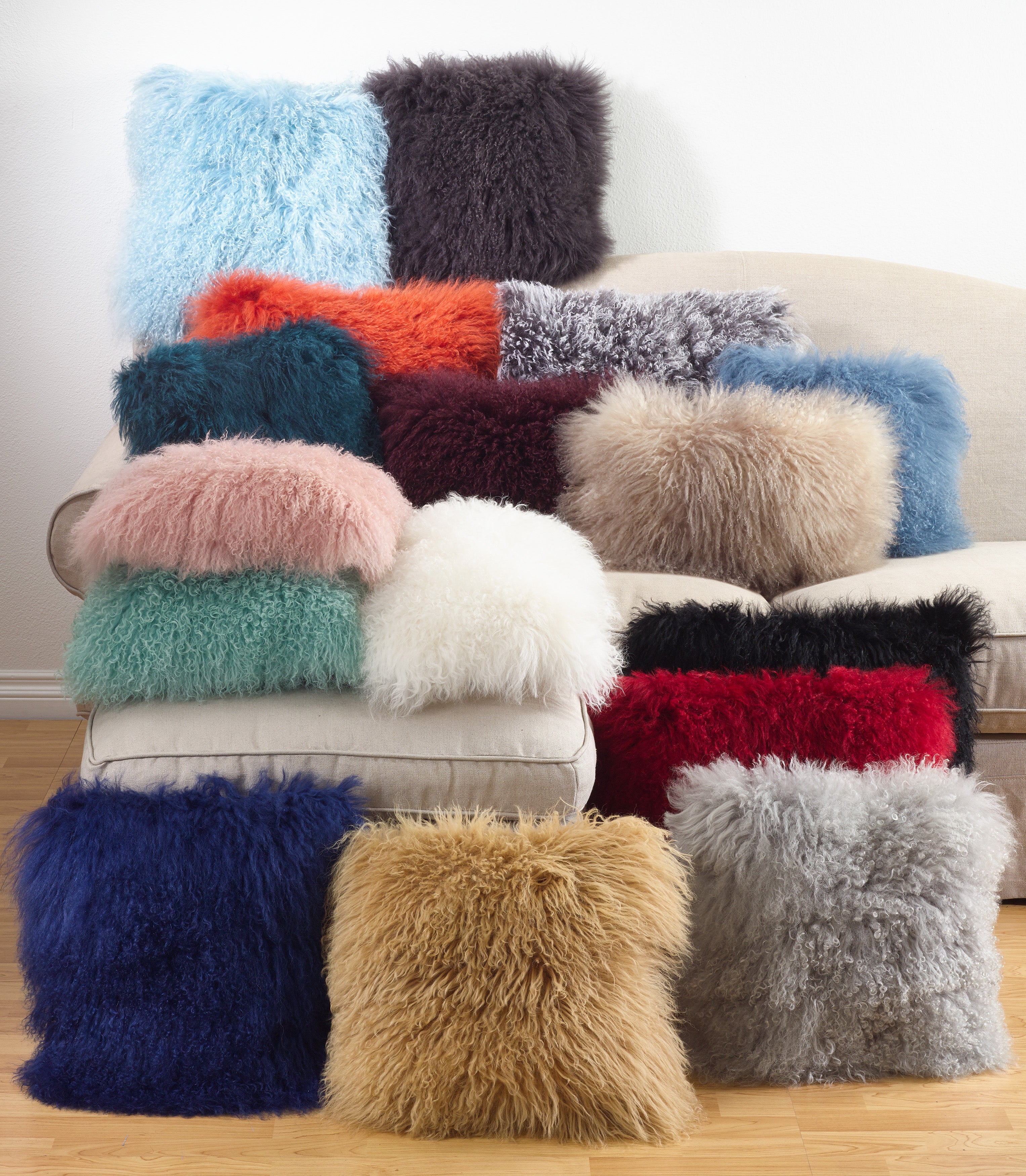 100% Wool Mongolian Lamb Fur Poly Filled Throw Pillow