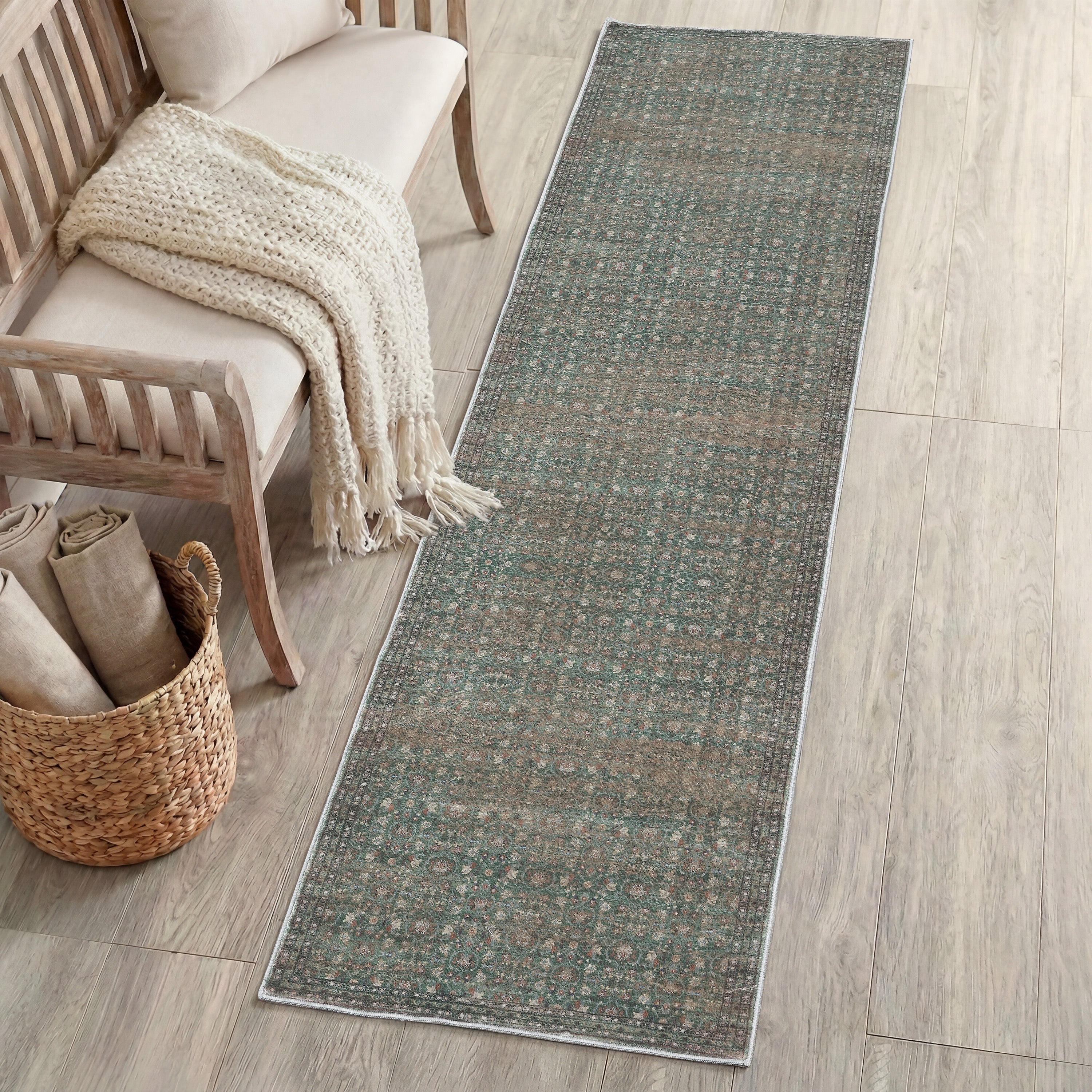 Petunia Distressed All-Over Floral Border Non-Slip Machine-Washable Rug