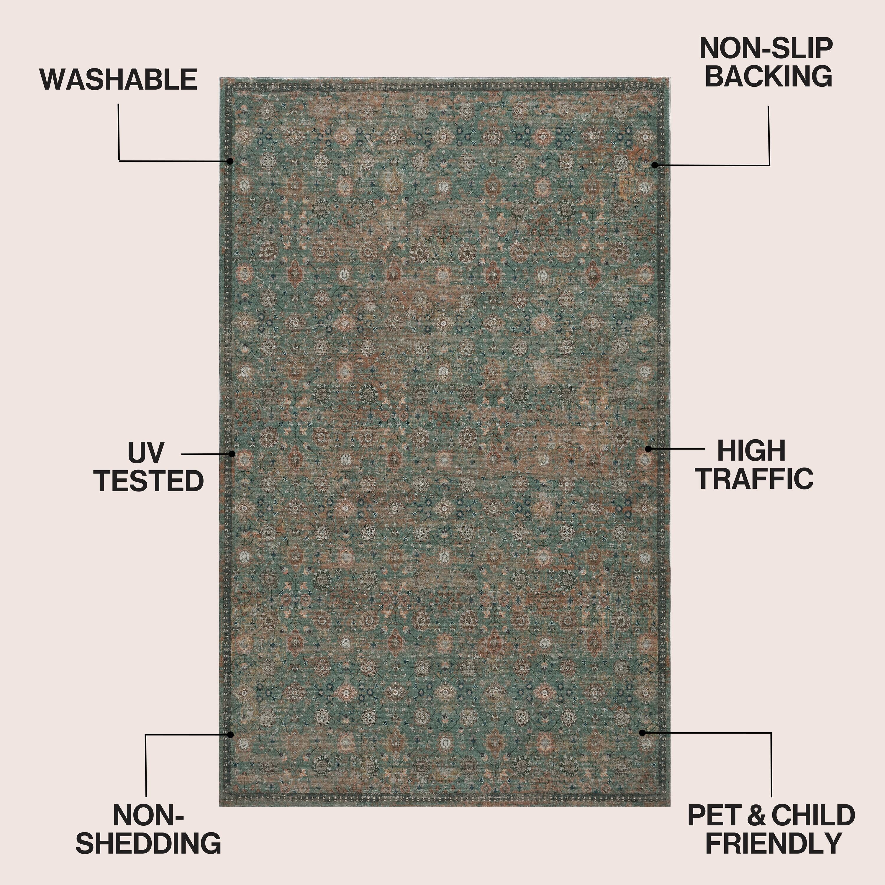 Petunia Distressed All-Over Floral Border Non-Slip Machine-Washable Rug