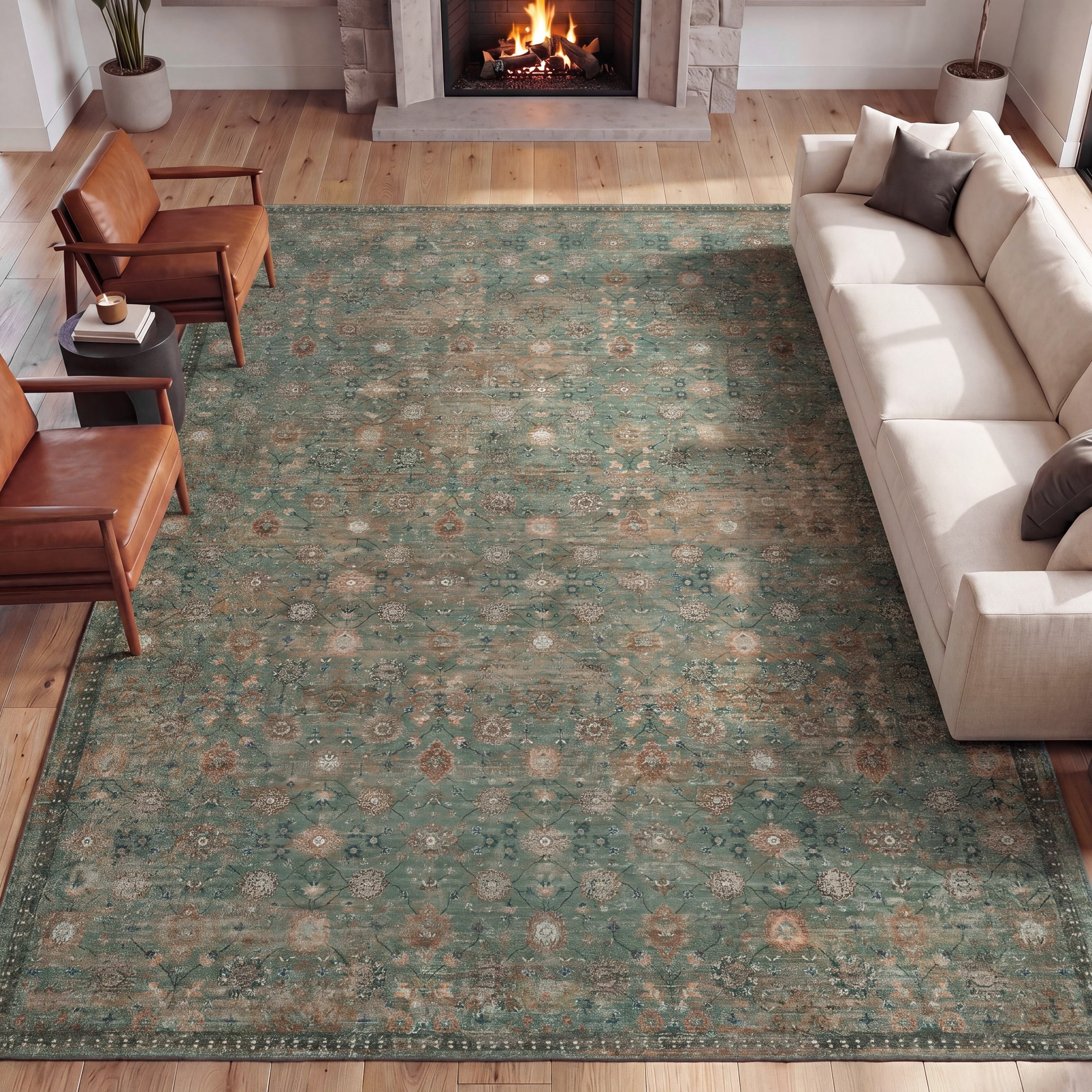 Petunia Distressed All-Over Floral Border Non-Slip Machine-Washable Rug