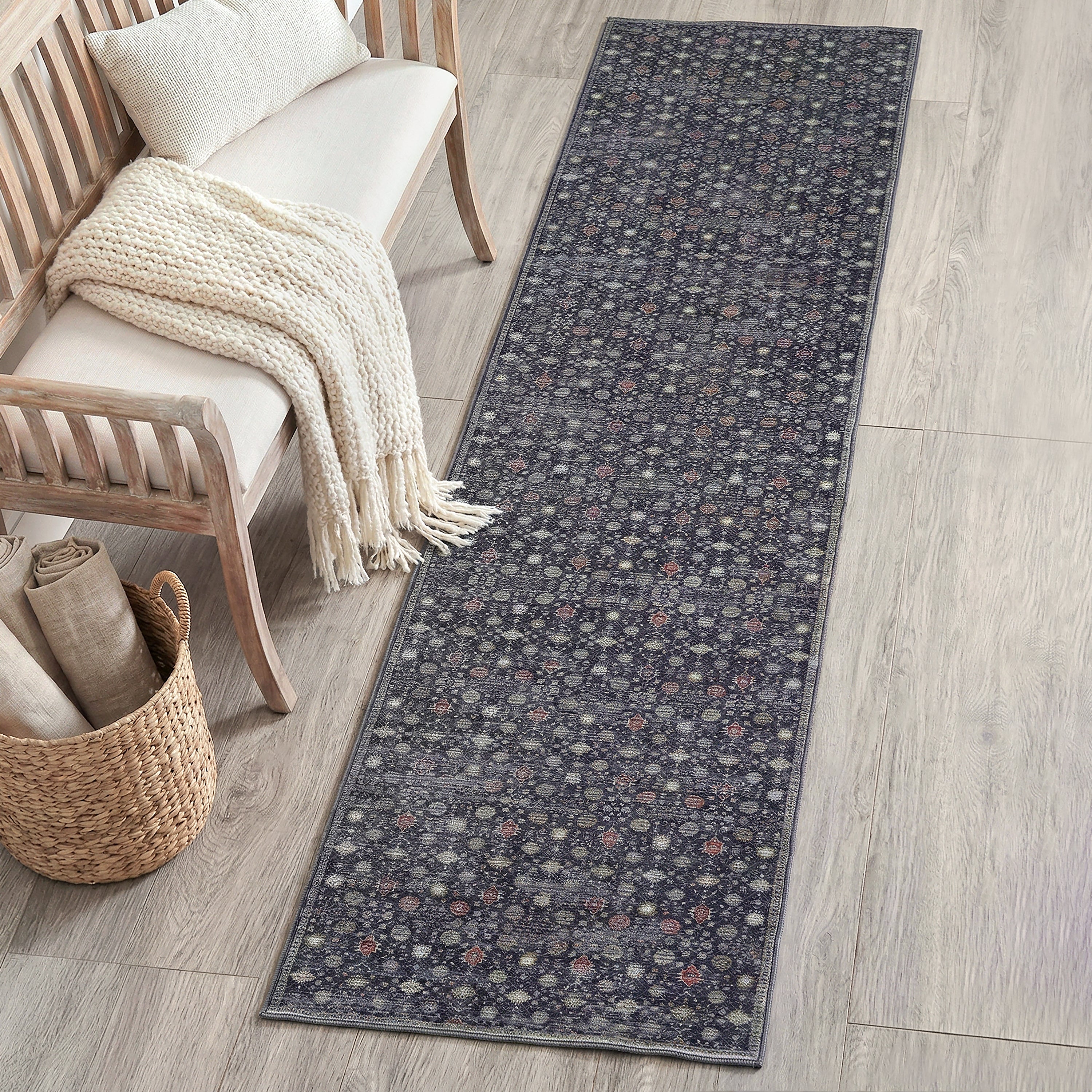 Petunia Distressed All-Over Floral Border Non-Slip Machine-Washable Rug