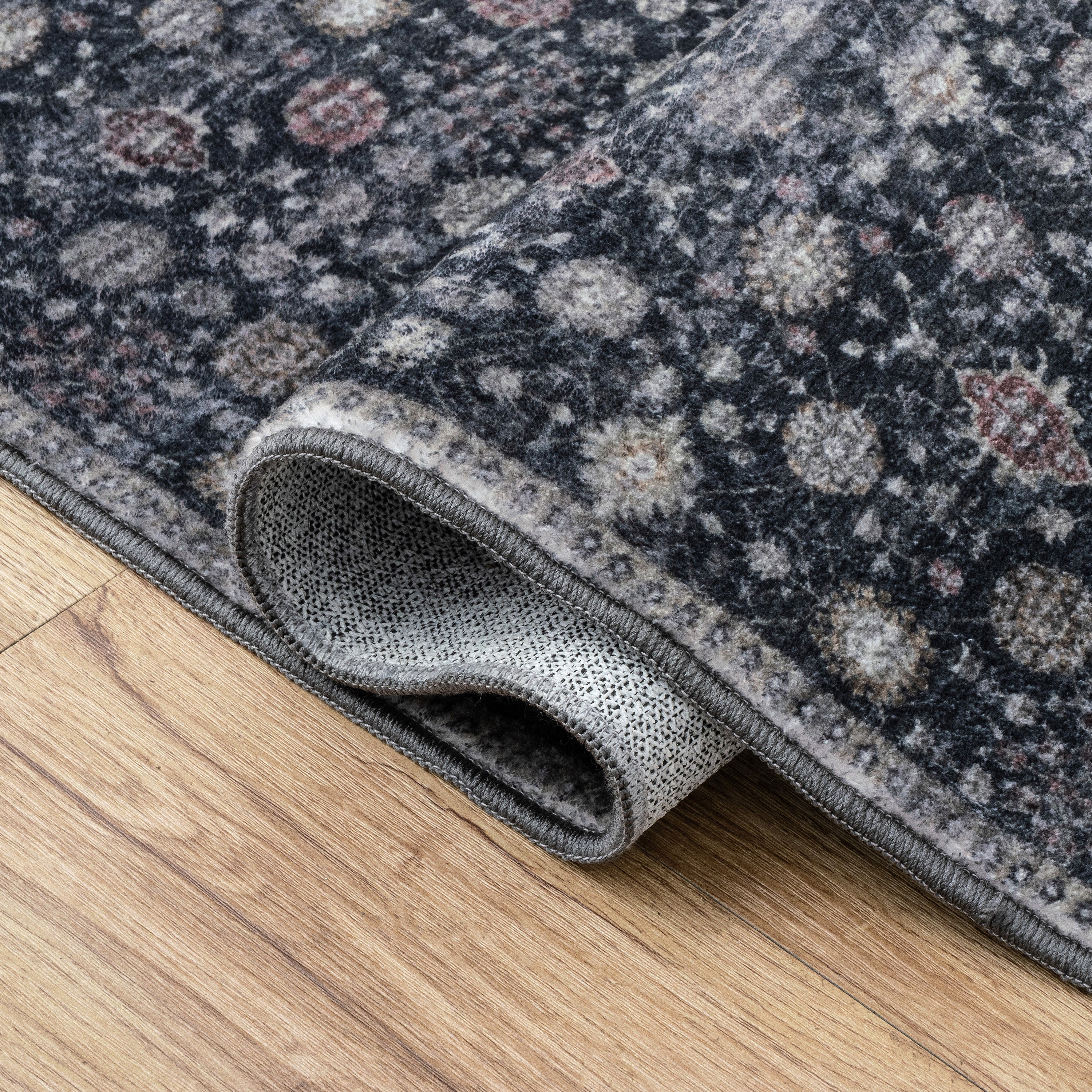 Petunia Distressed All-Over Floral Border Non-Slip Machine-Washable Rug