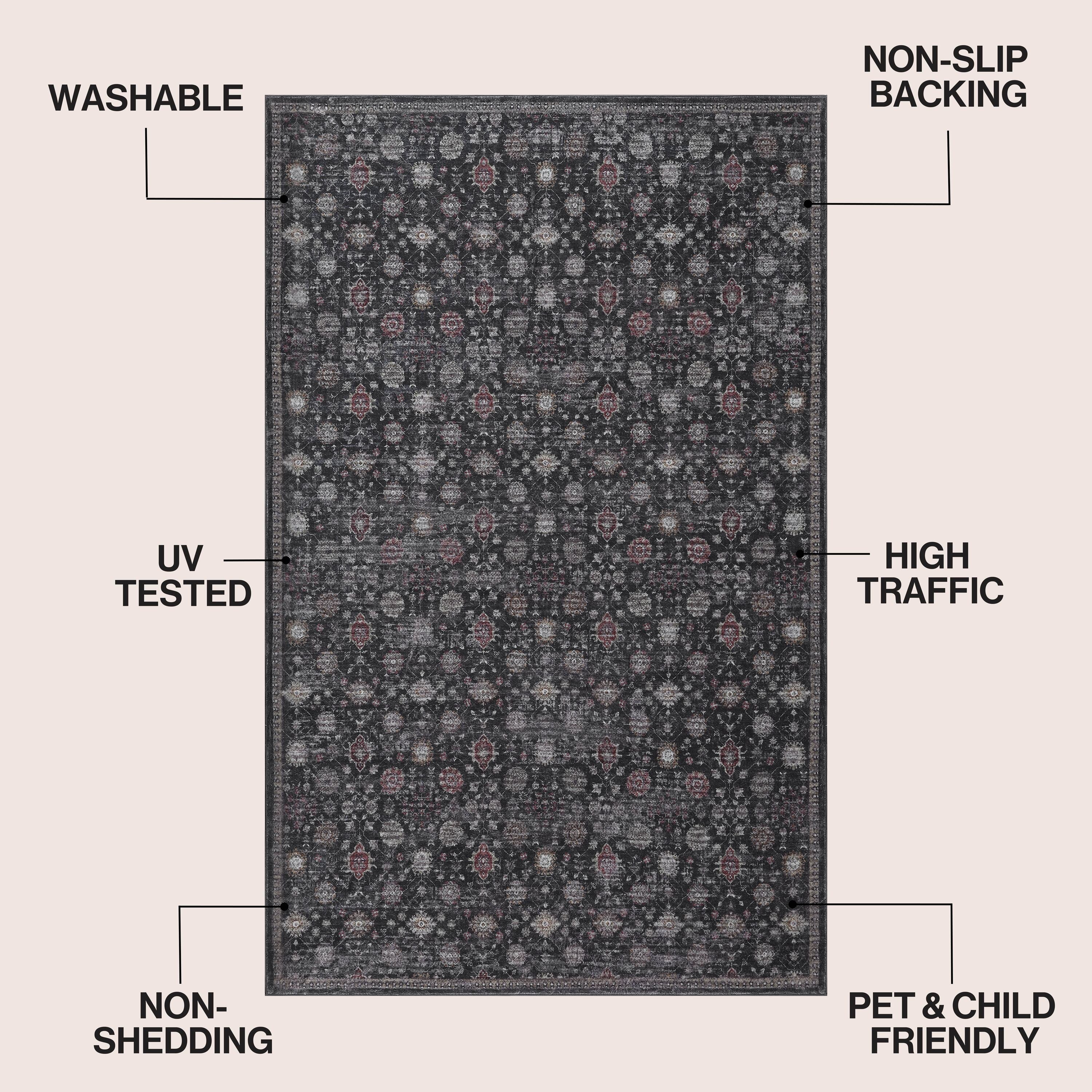Petunia Distressed All-Over Floral Border Non-Slip Machine-Washable Rug