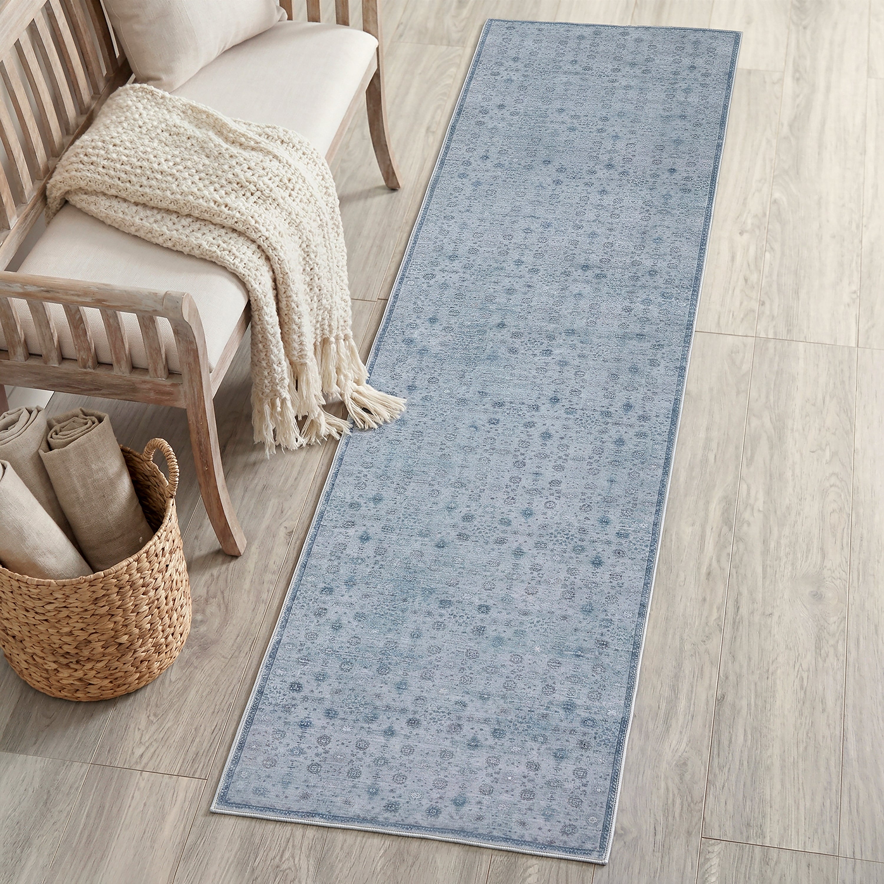 Petunia Distressed All-Over Floral Border Non-Slip Machine-Washable Rug