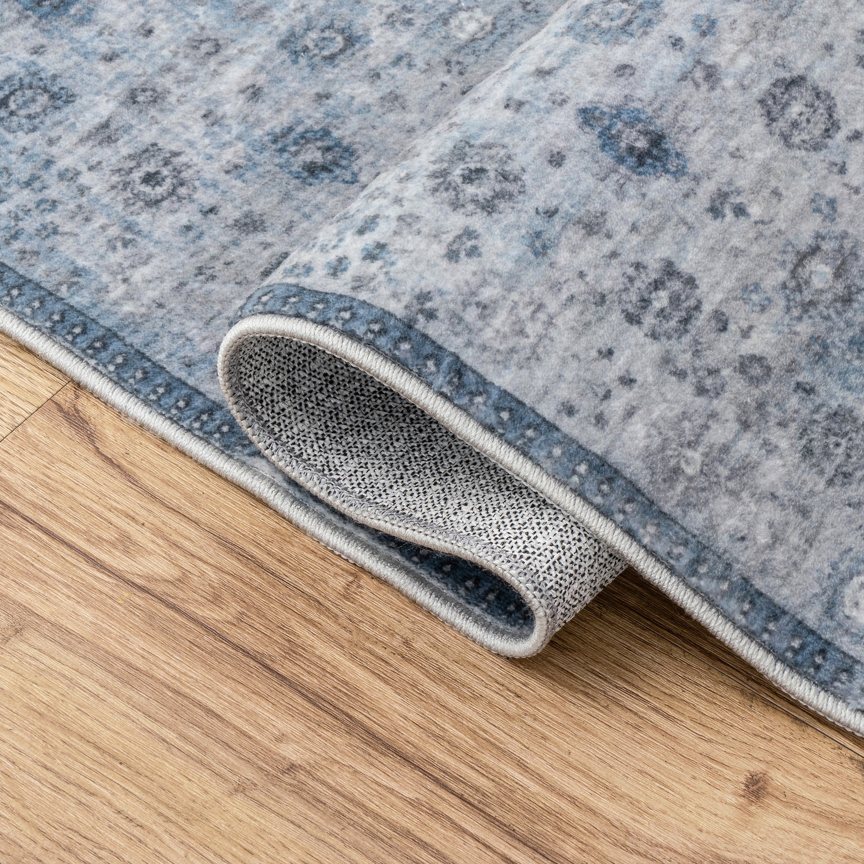 Petunia Distressed All-Over Floral Border Non-Slip Machine-Washable Rug