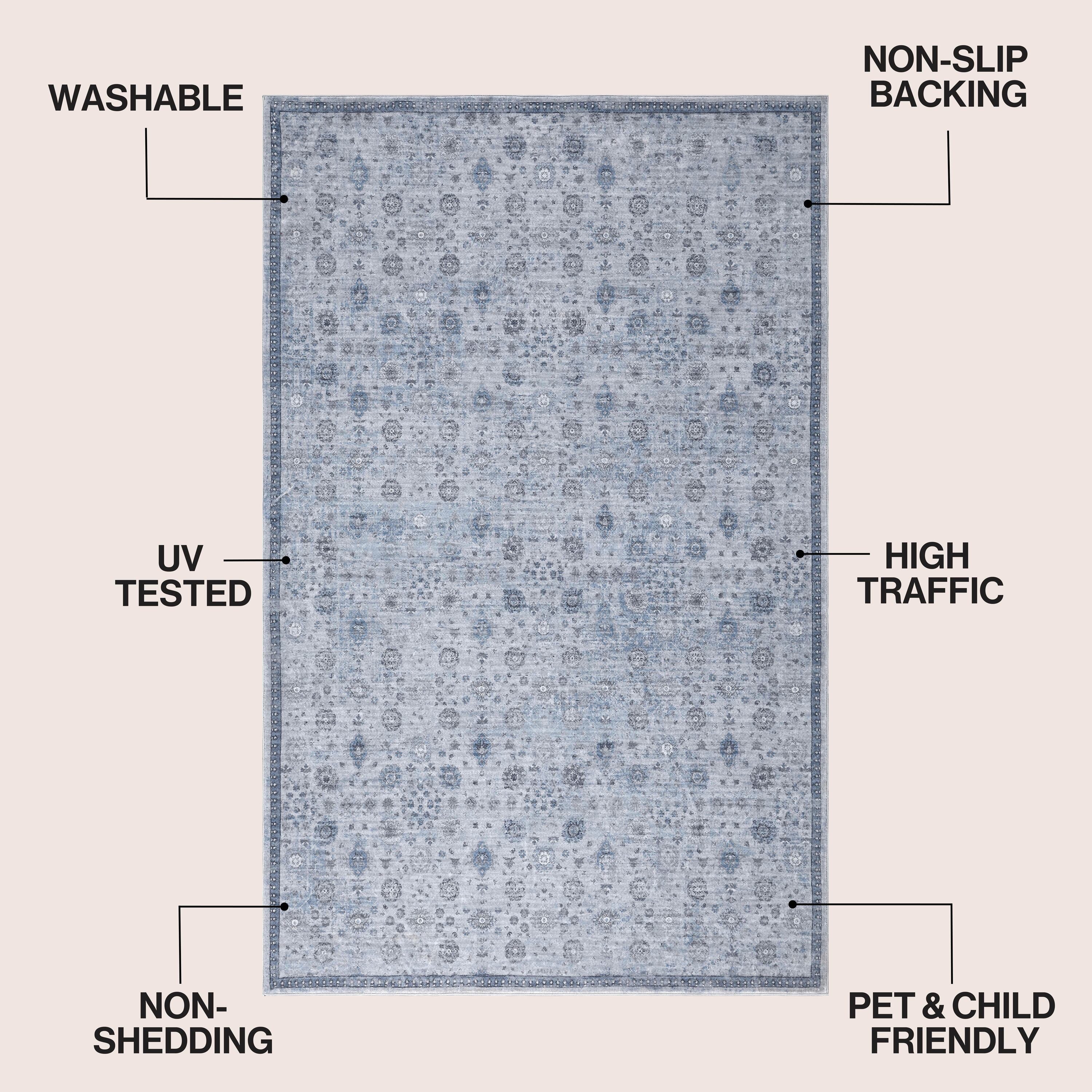 Petunia Distressed All-Over Floral Border Non-Slip Machine-Washable Rug