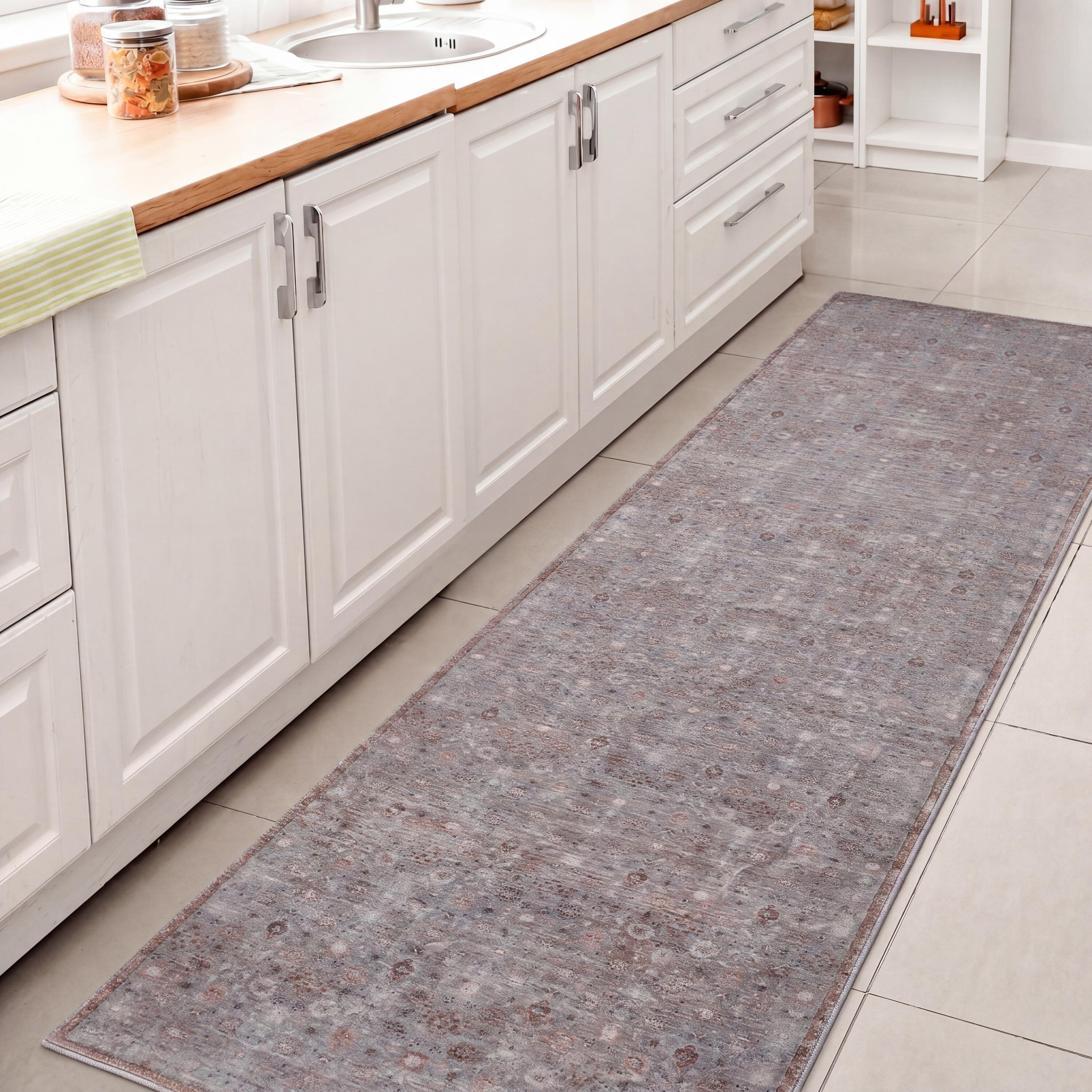 Petunia Distressed All-Over Floral Border Non-Slip Machine-Washable Rug