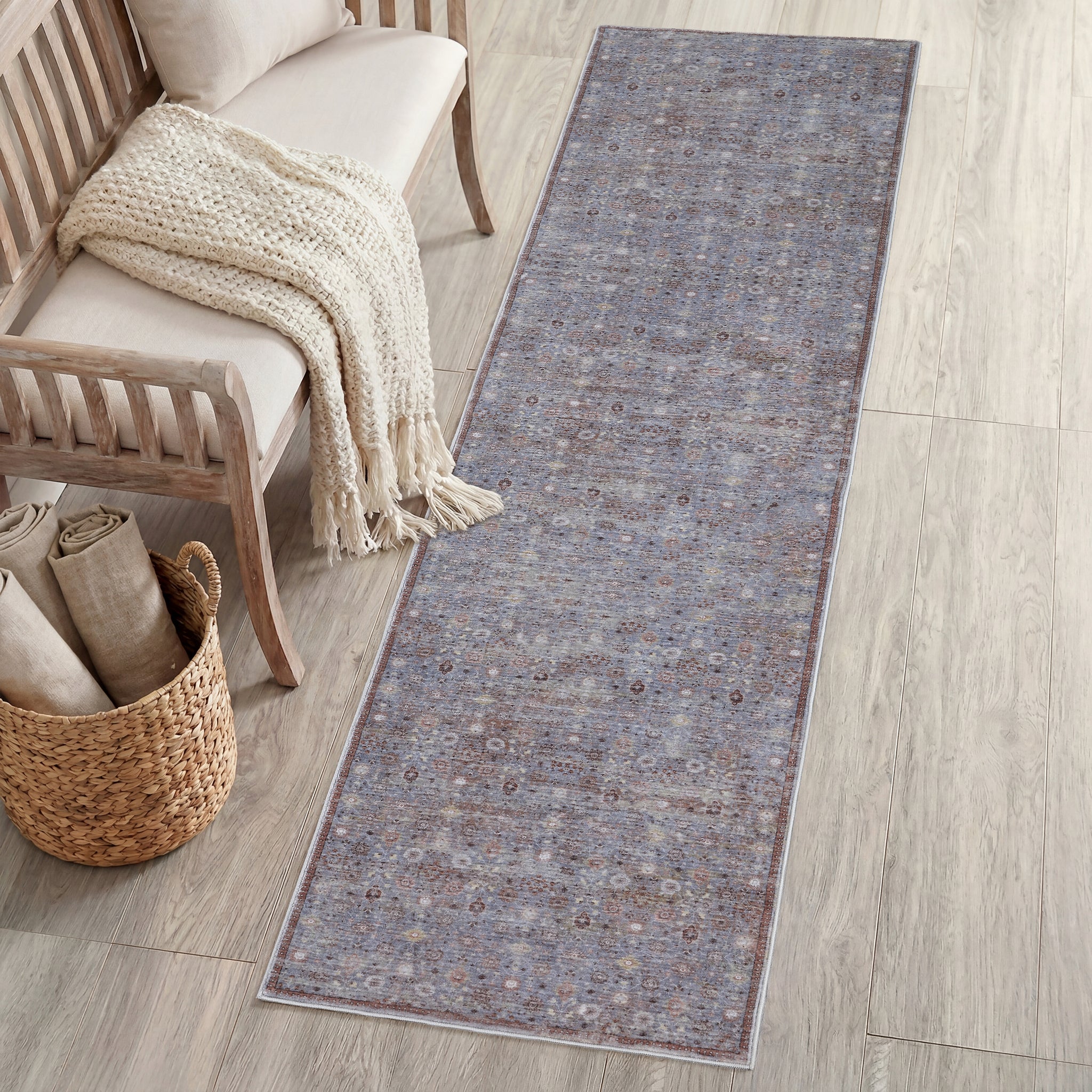Petunia Distressed All-Over Floral Border Non-Slip Machine-Washable Rug