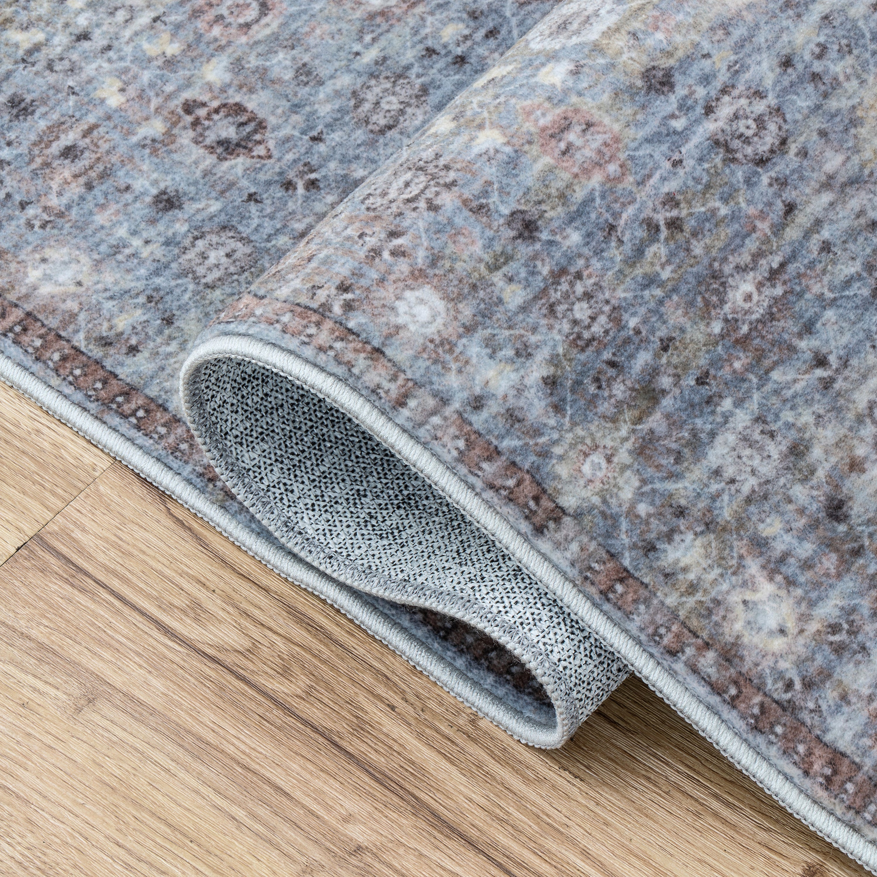 Petunia Distressed All-Over Floral Border Non-Slip Machine-Washable Rug