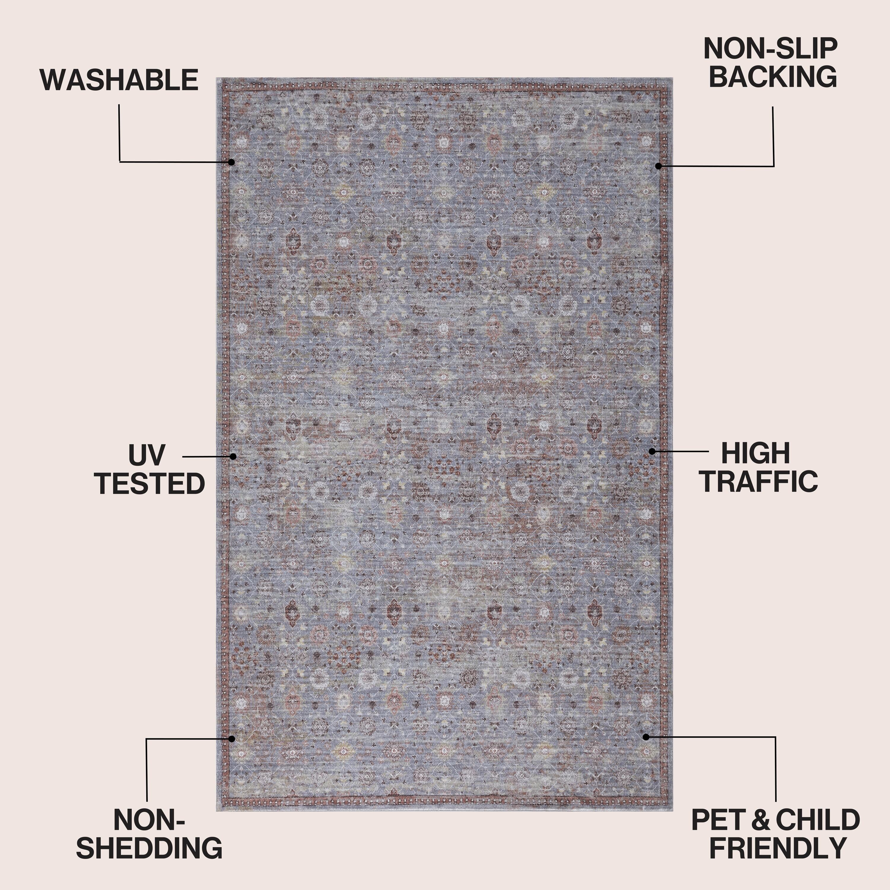 Petunia Distressed All-Over Floral Border Non-Slip Machine-Washable Rug