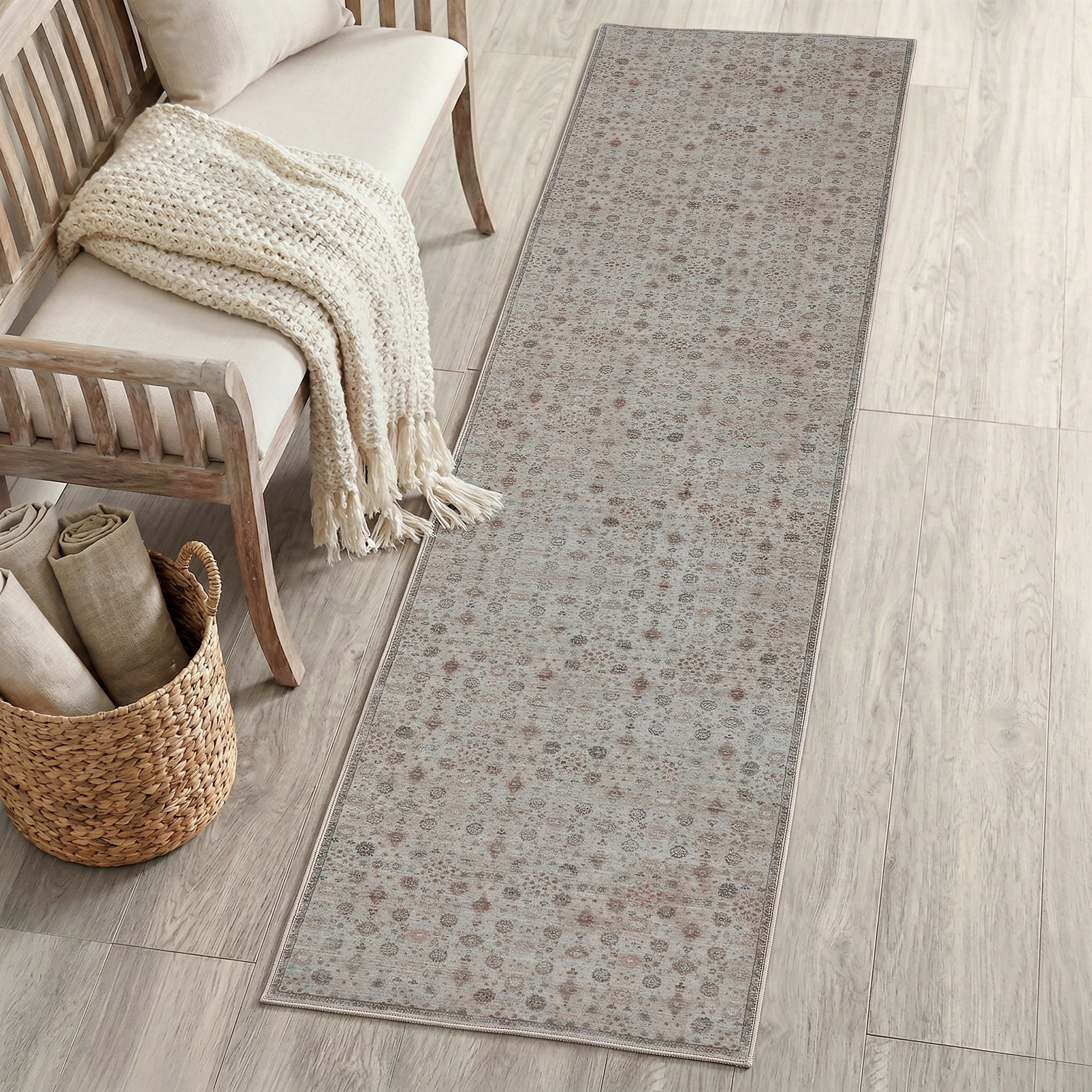 Petunia Distressed All-Over Floral Border Non-Slip Machine-Washable Rug