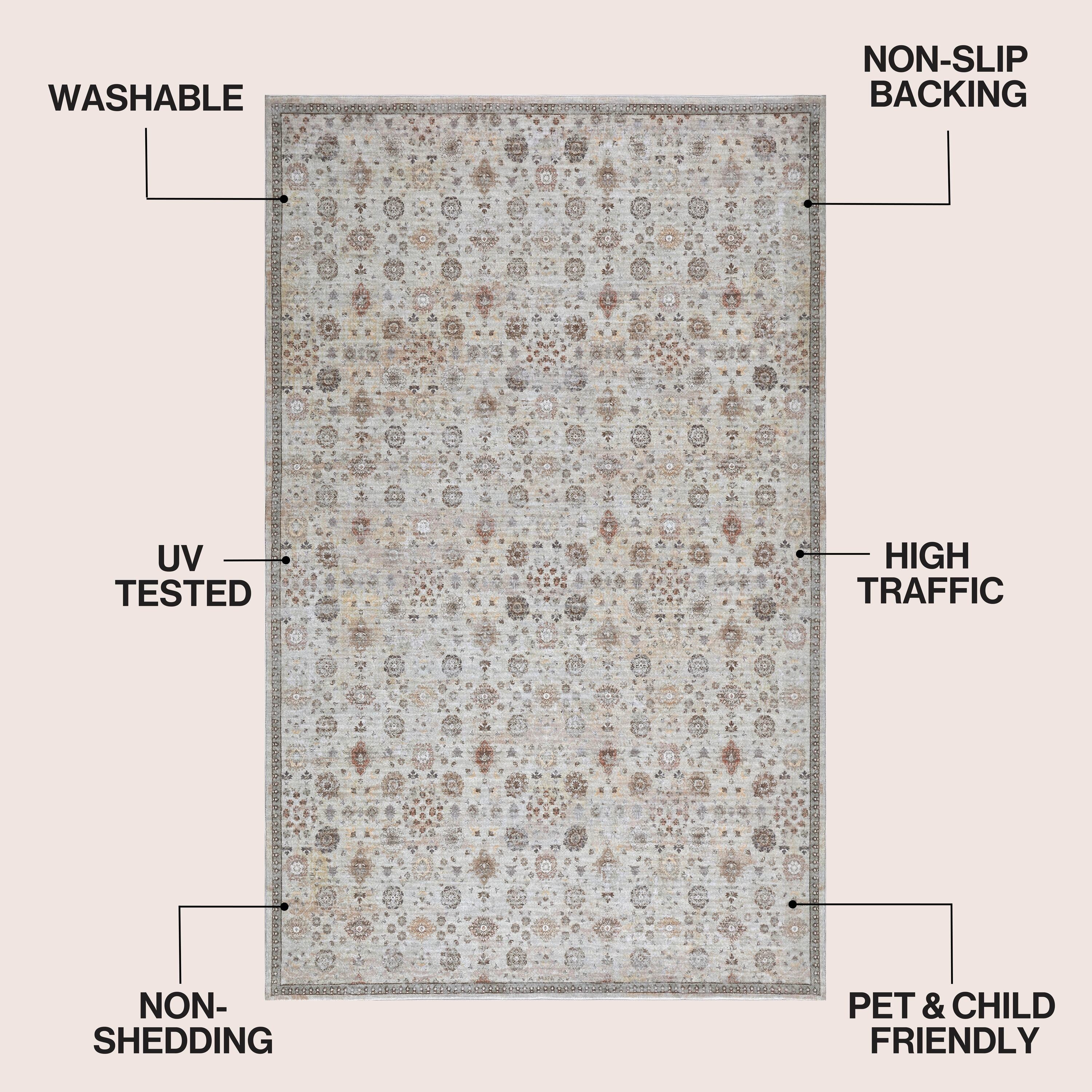 Petunia Distressed All-Over Floral Border Non-Slip Machine-Washable Rug