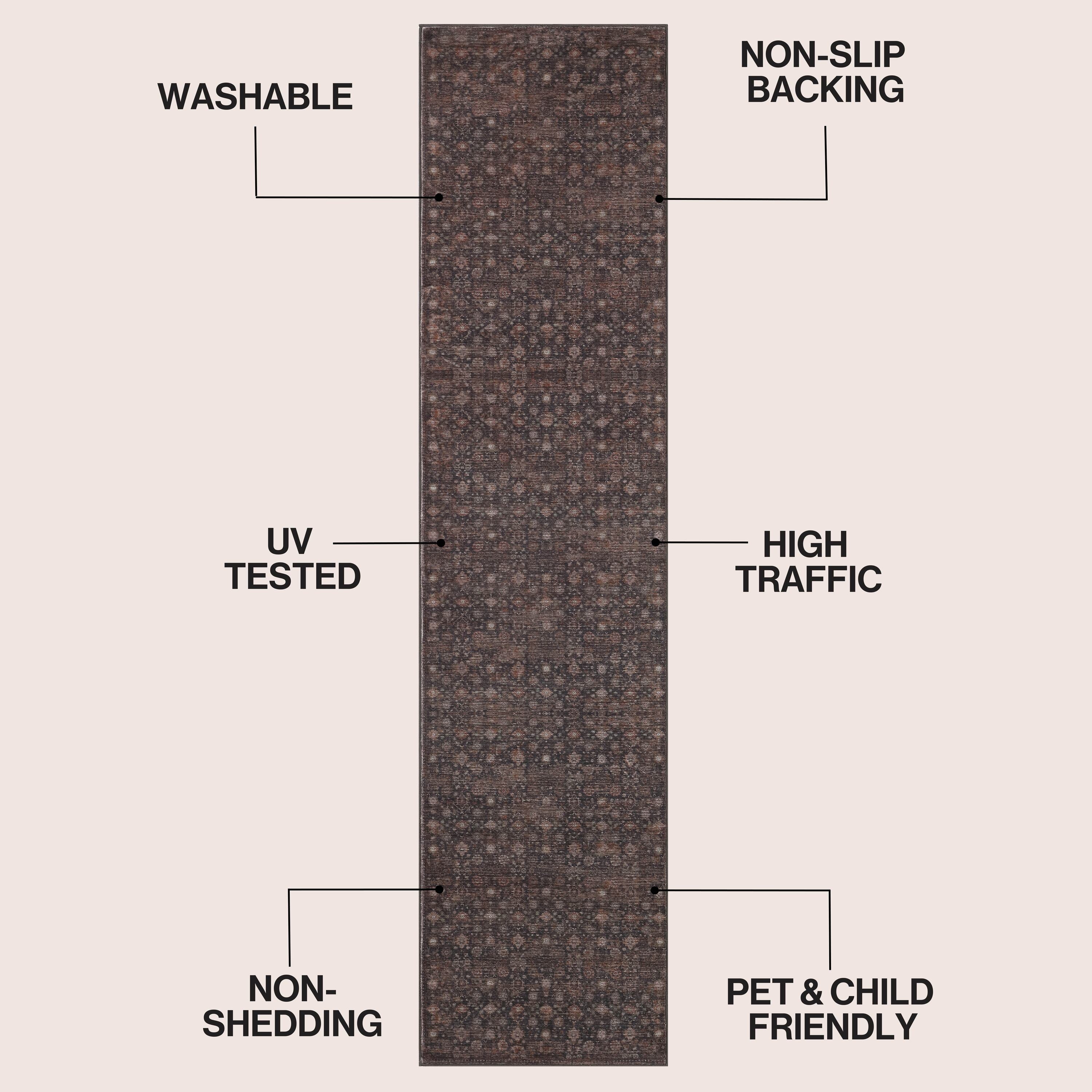 Petunia Distressed All-Over Floral Border Non-Slip Machine-Washable Rug