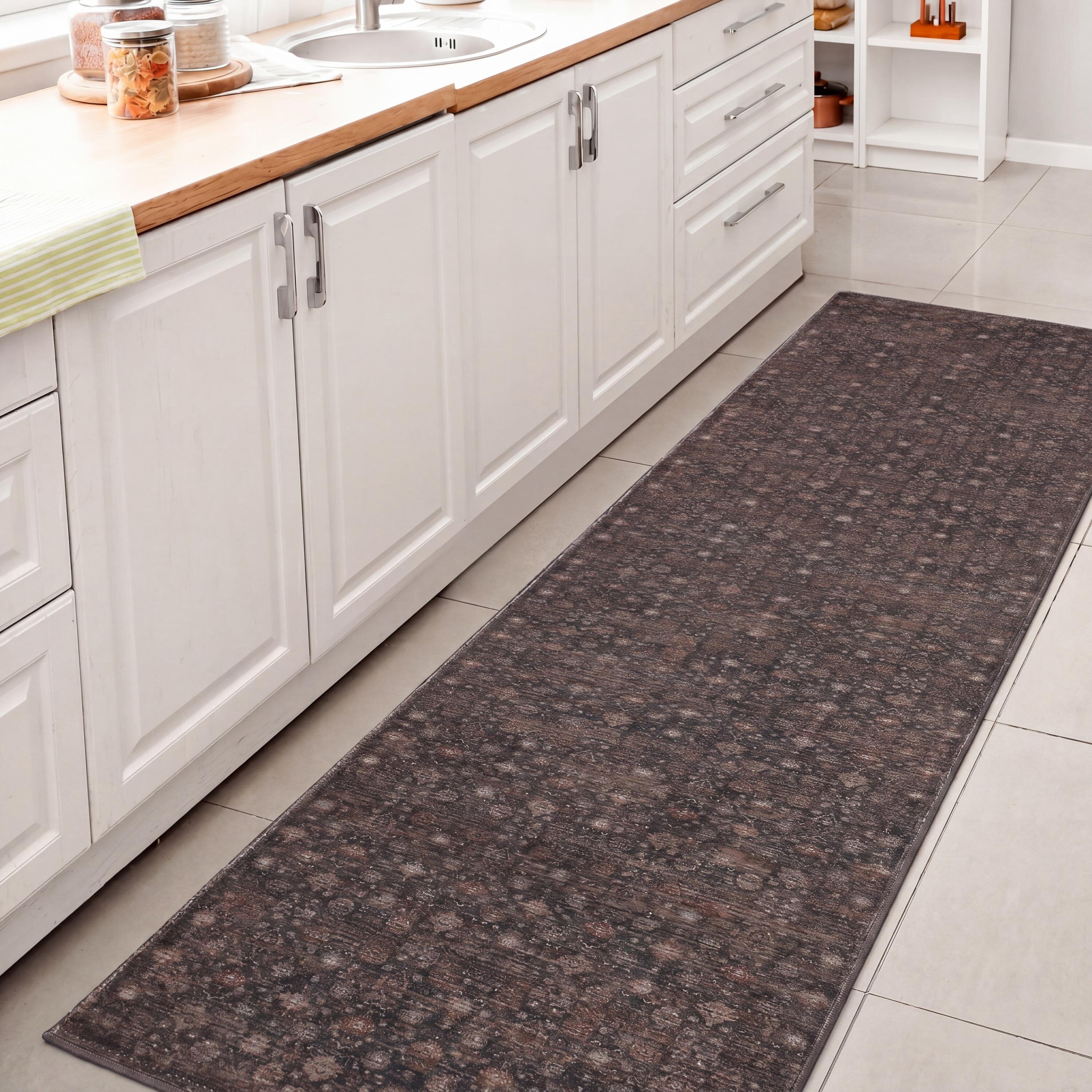 Petunia Distressed All-Over Floral Border Non-Slip Machine-Washable Rug