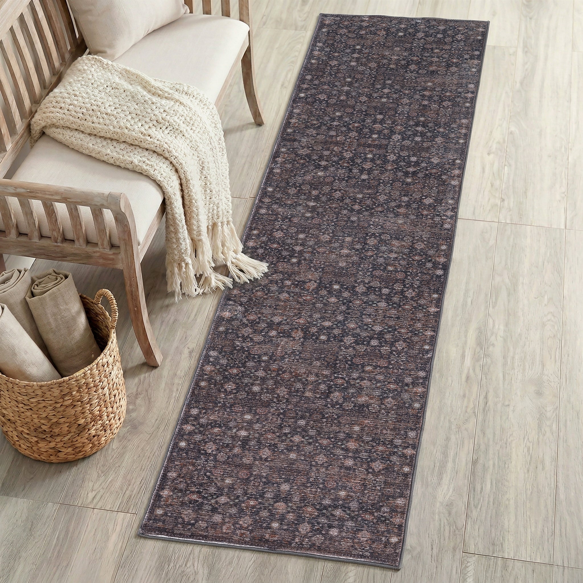 Petunia Distressed All-Over Floral Border Non-Slip Machine-Washable Rug