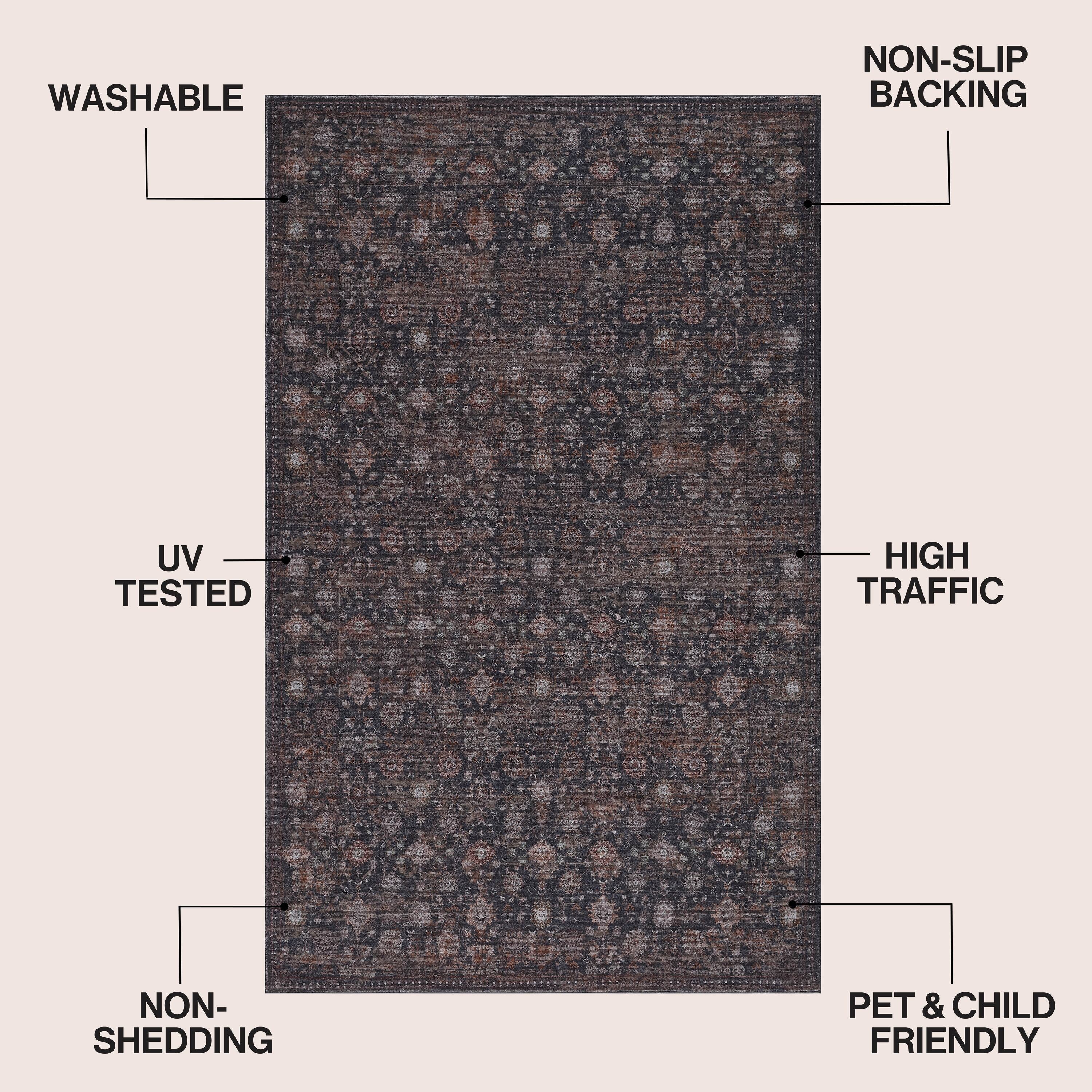 Petunia Distressed All-Over Floral Border Non-Slip Machine-Washable Rug