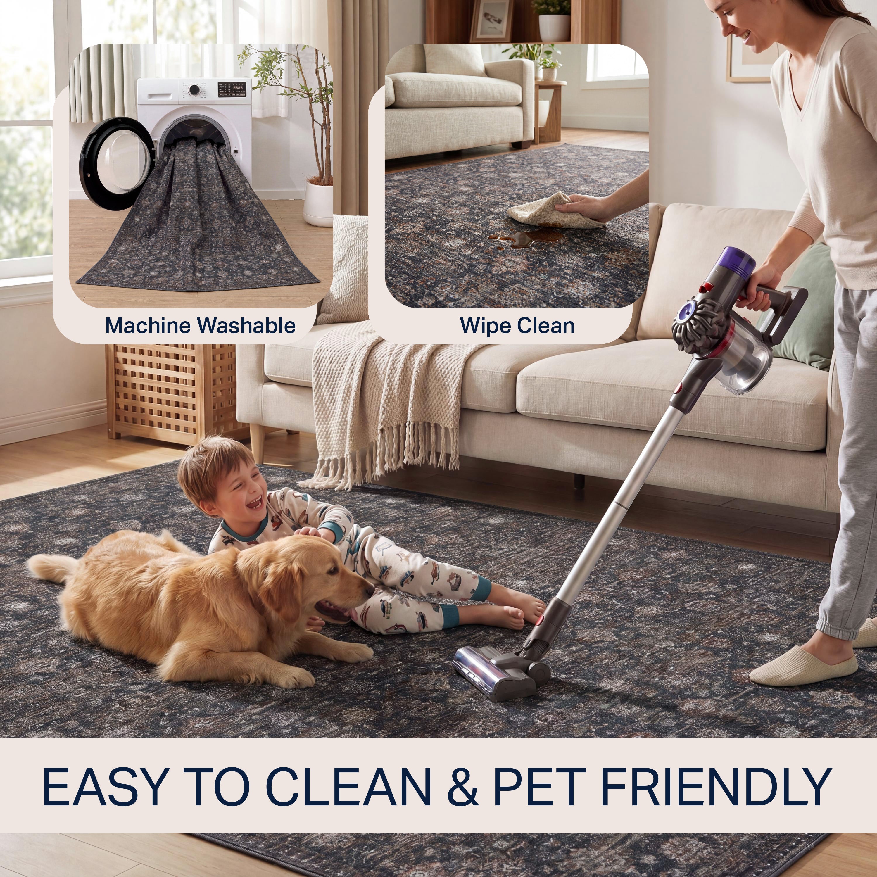 Petunia Distressed All-Over Floral Border Non-Slip Machine-Washable Rug