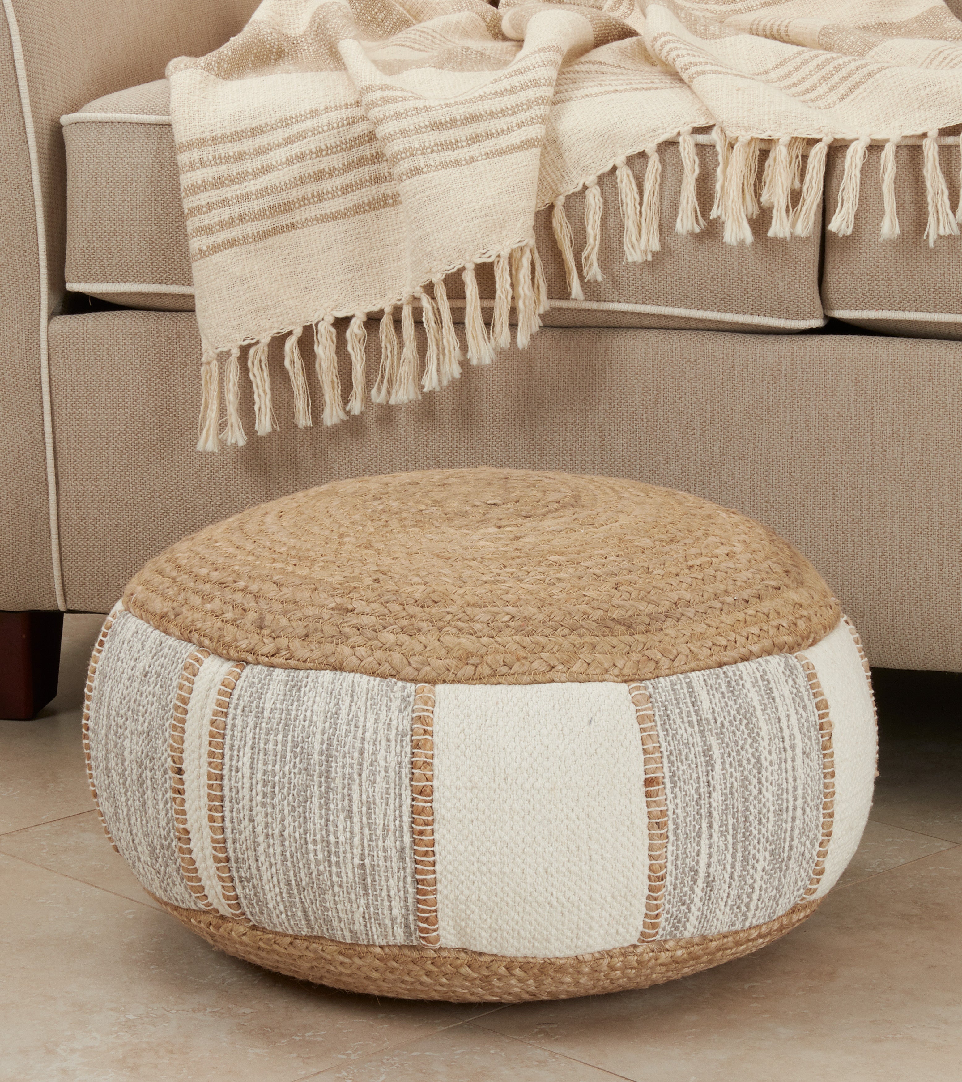 Woven Jute and Cotton Pouf
