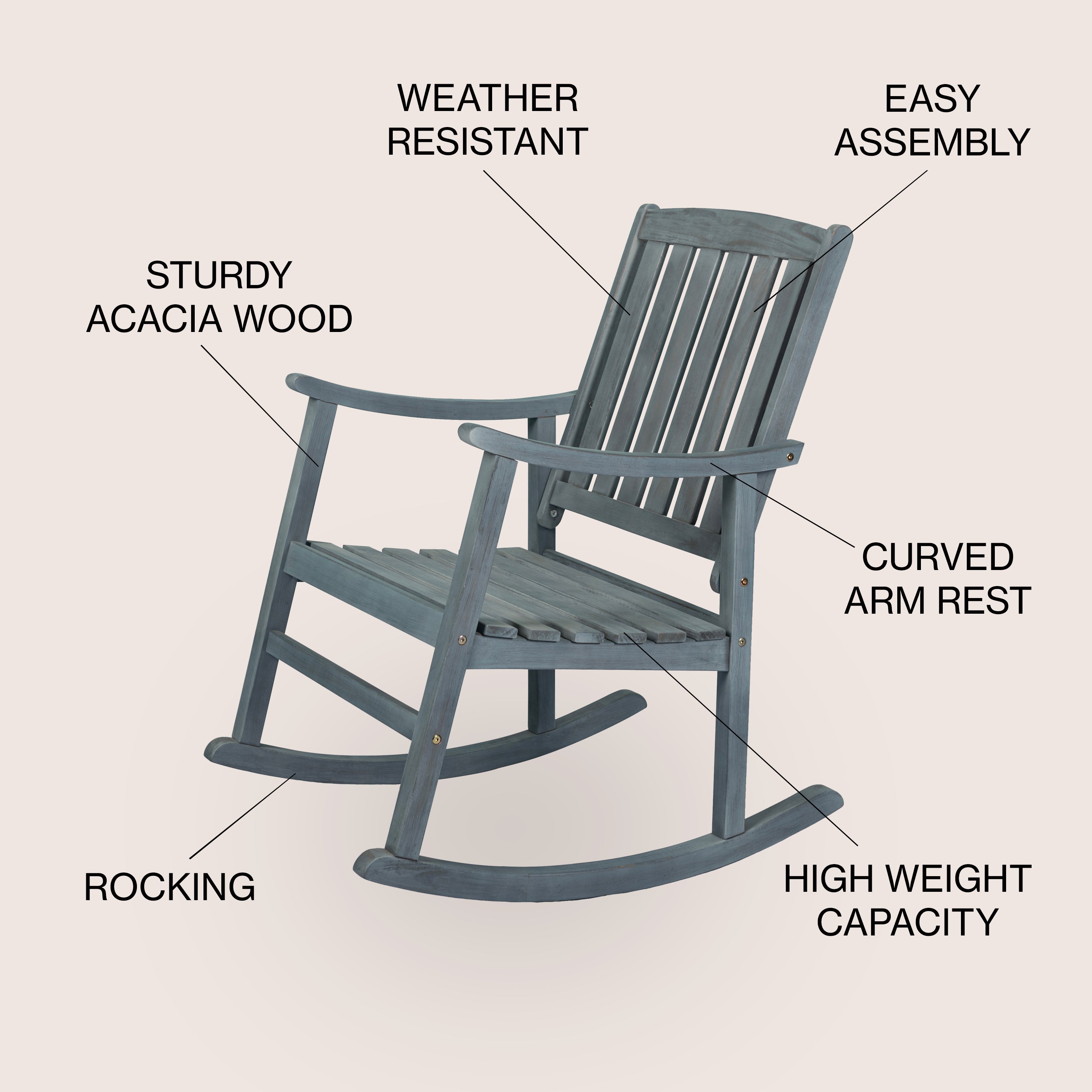 Penny Classic Slat-Back Support Acacia Wood Patio Outdoor Rocking Chair