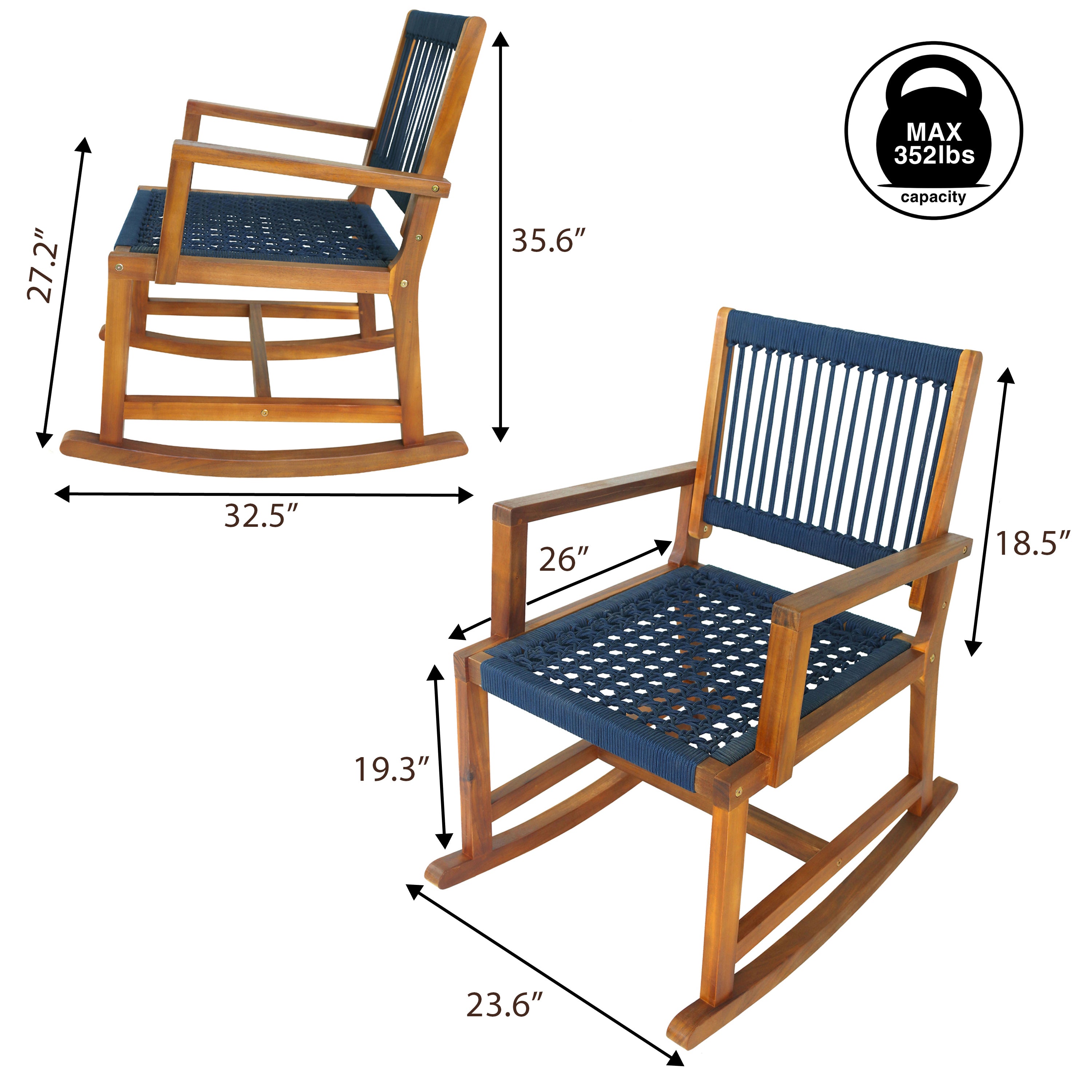 Laguna Coastal Casual Acacia Wood and Woven Rope Outdoor Rocking Chair