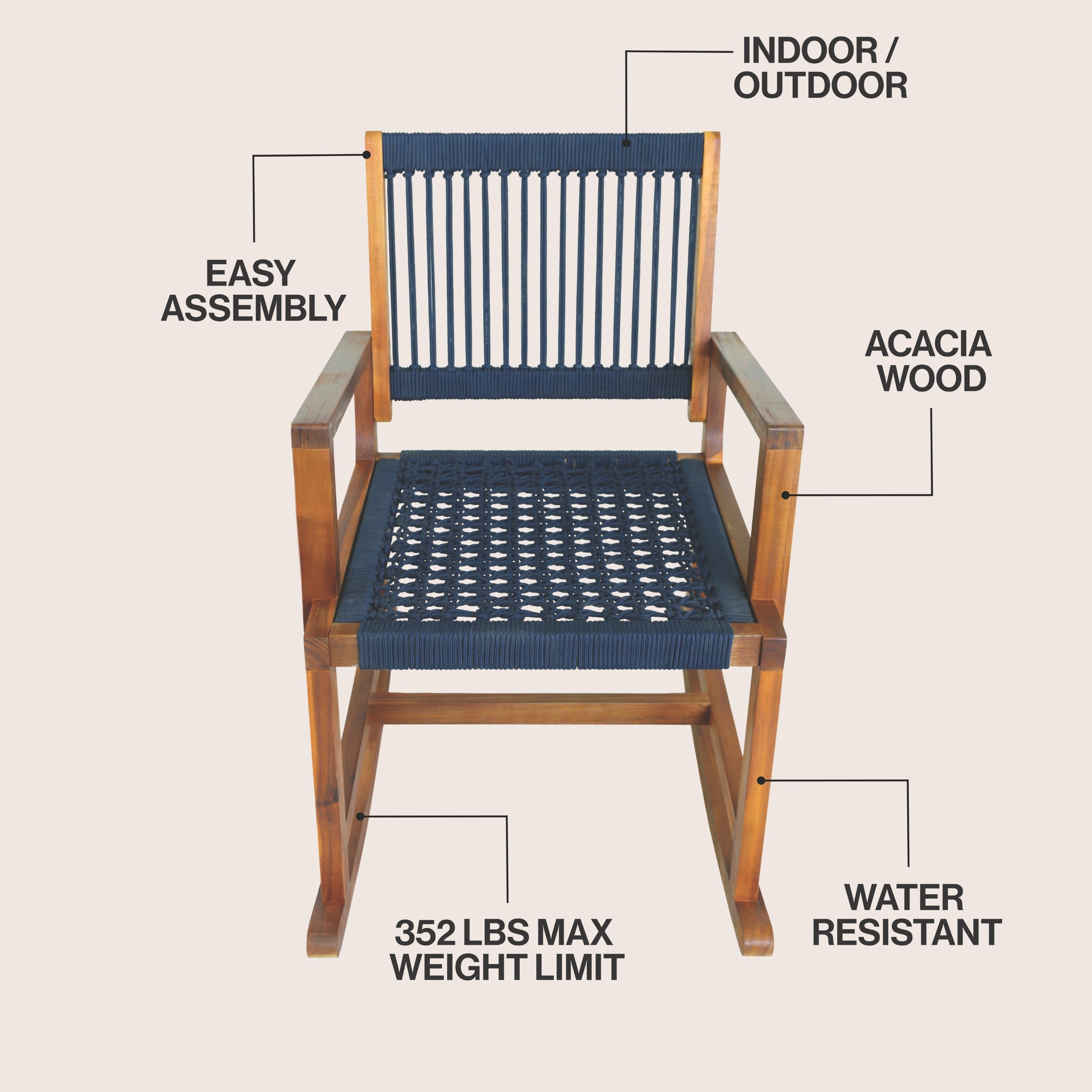 Laguna Coastal Casual Acacia Wood and Woven Rope Outdoor Rocking Chair