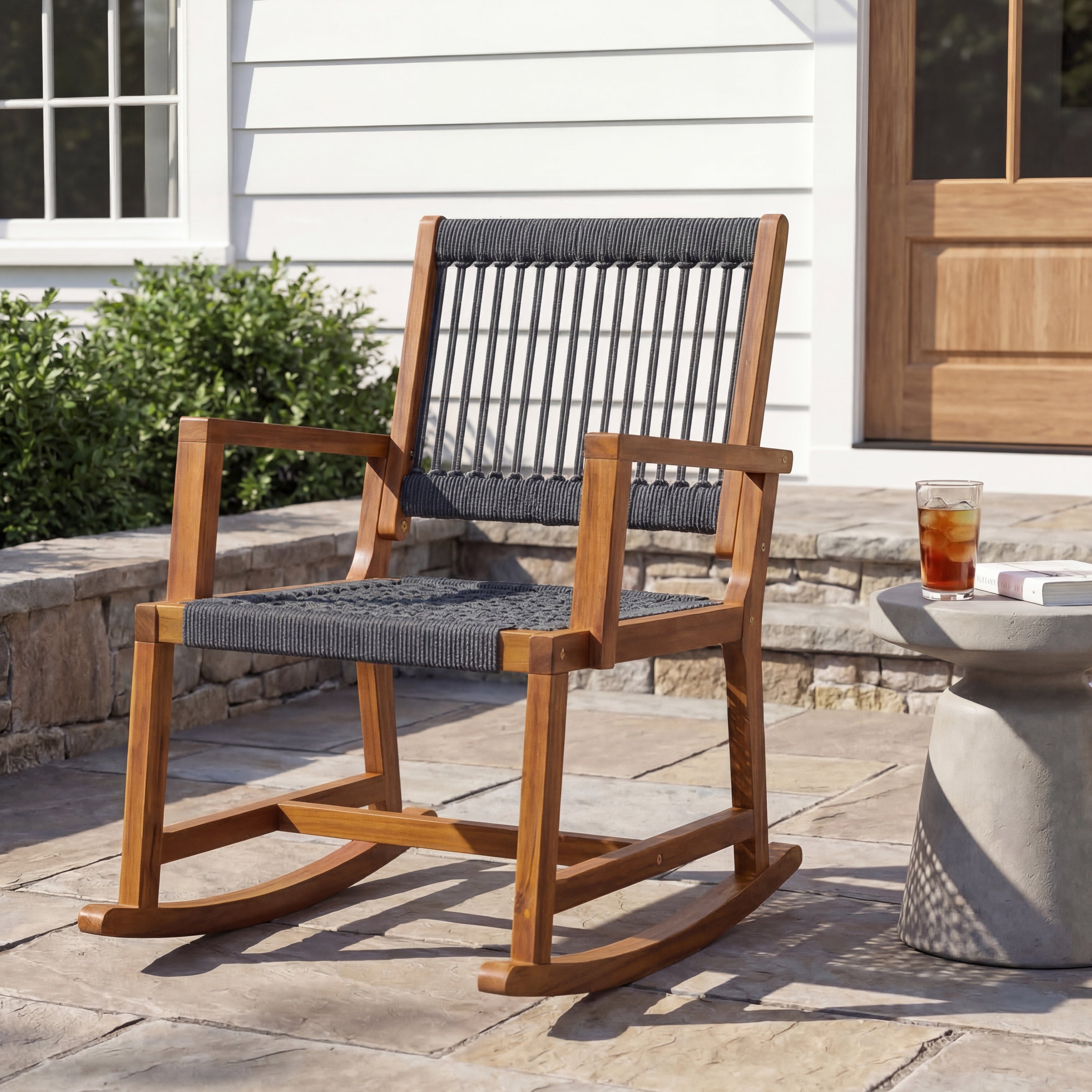 Laguna Coastal Casual Acacia Wood and Woven Rope Outdoor Rocking Chair