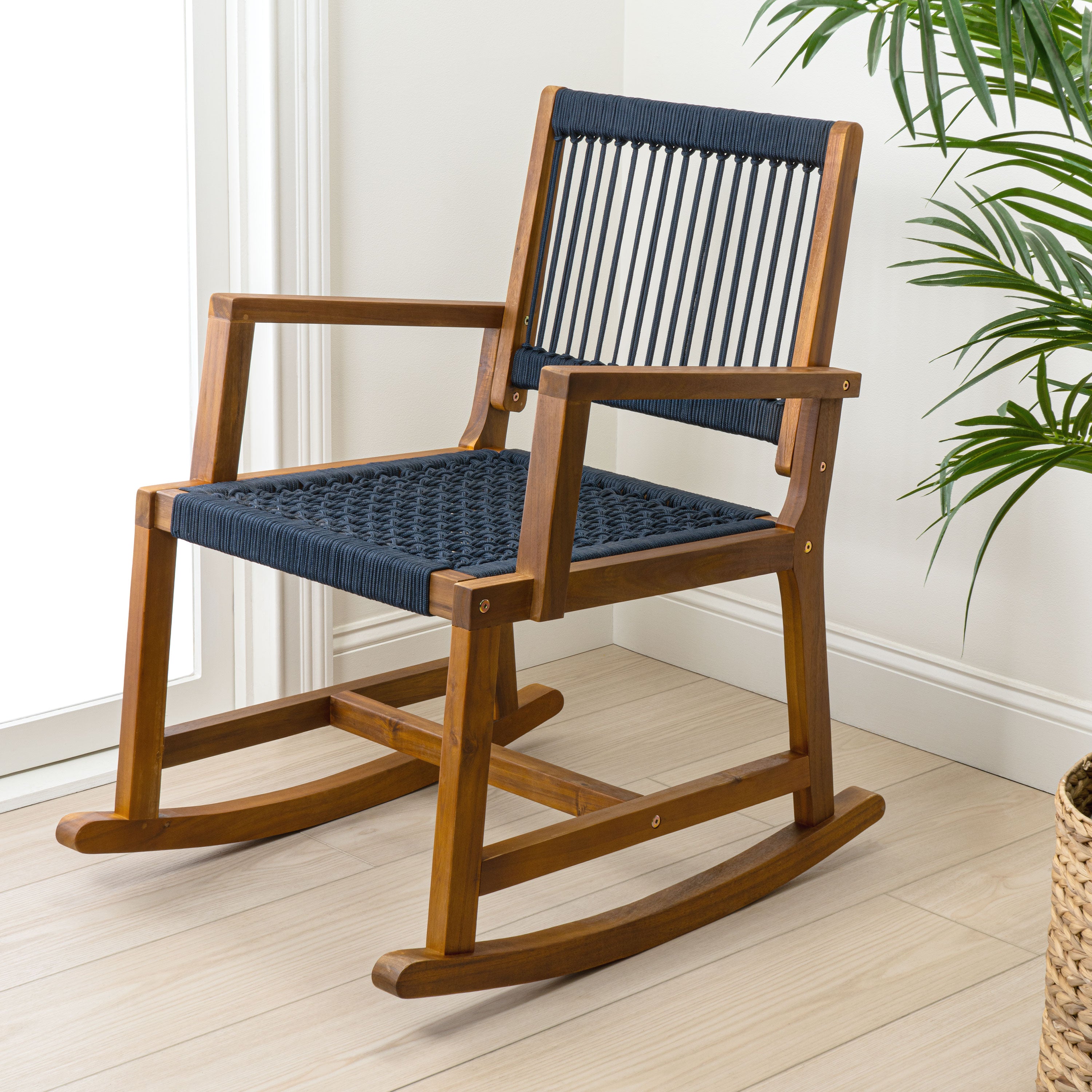 Laguna Coastal Casual Acacia Wood and Woven Rope Outdoor Rocking Chair