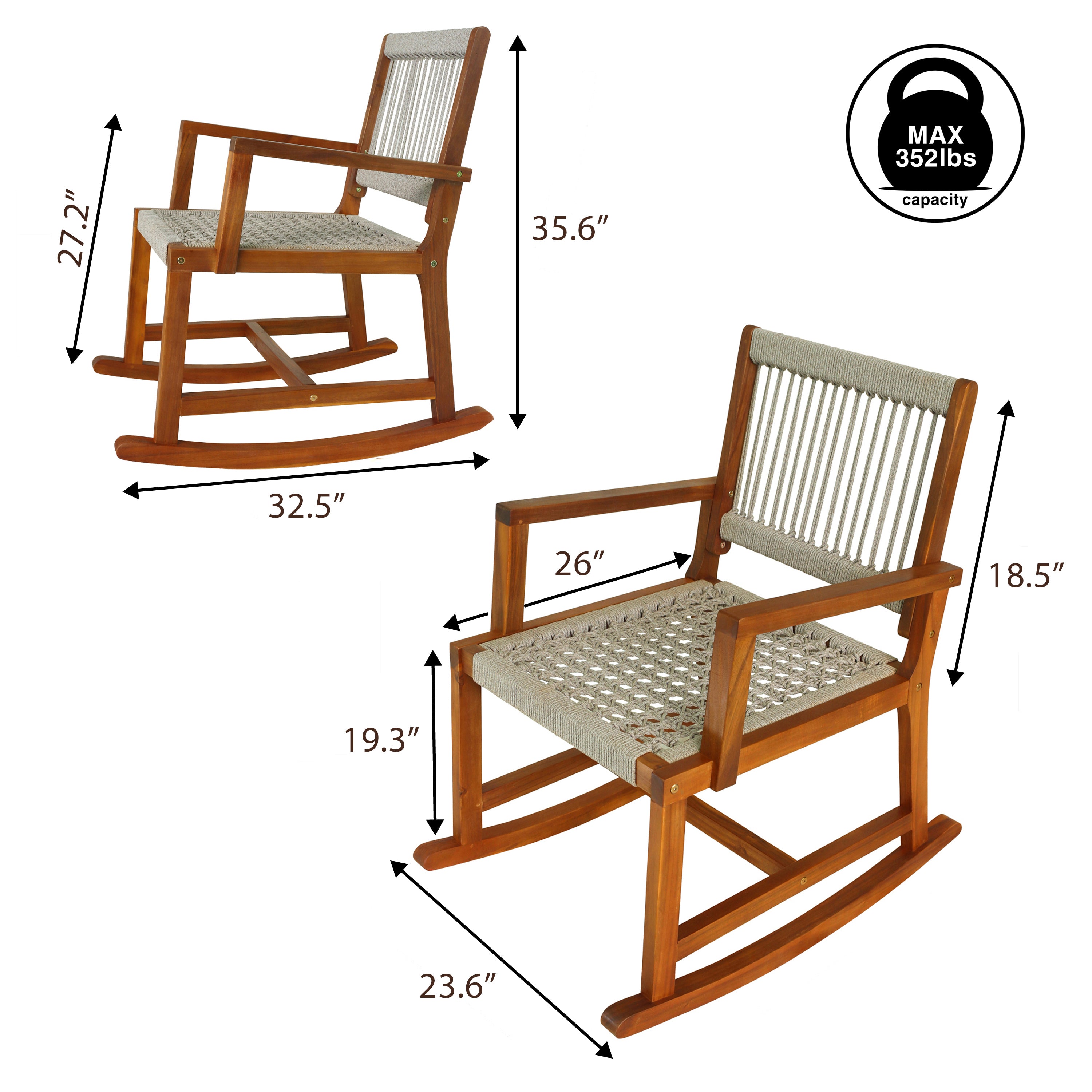 Laguna Coastal Casual Acacia Wood and Woven Rope Outdoor Rocking Chair
