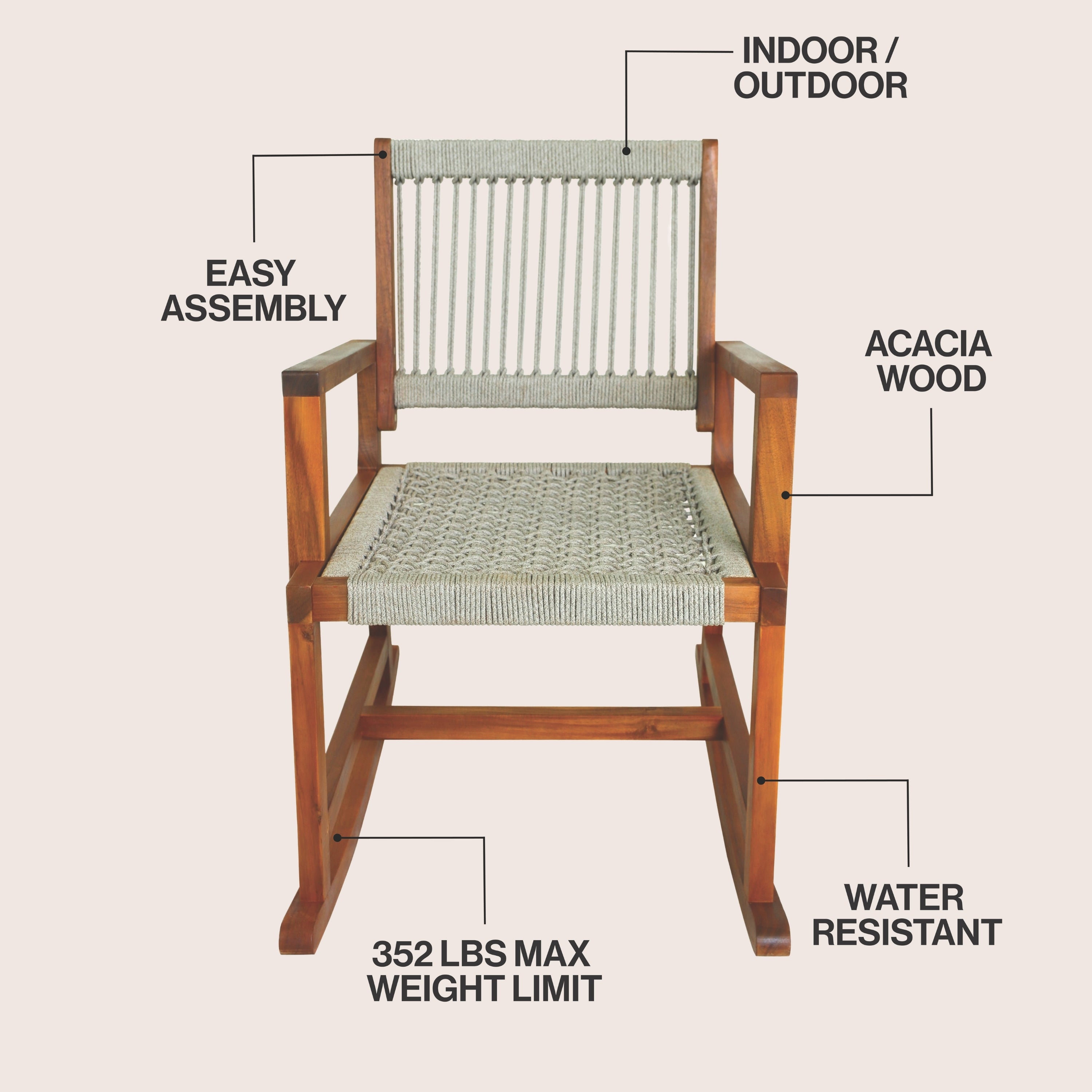 Laguna Coastal Casual Acacia Wood and Woven Rope Outdoor Rocking Chair