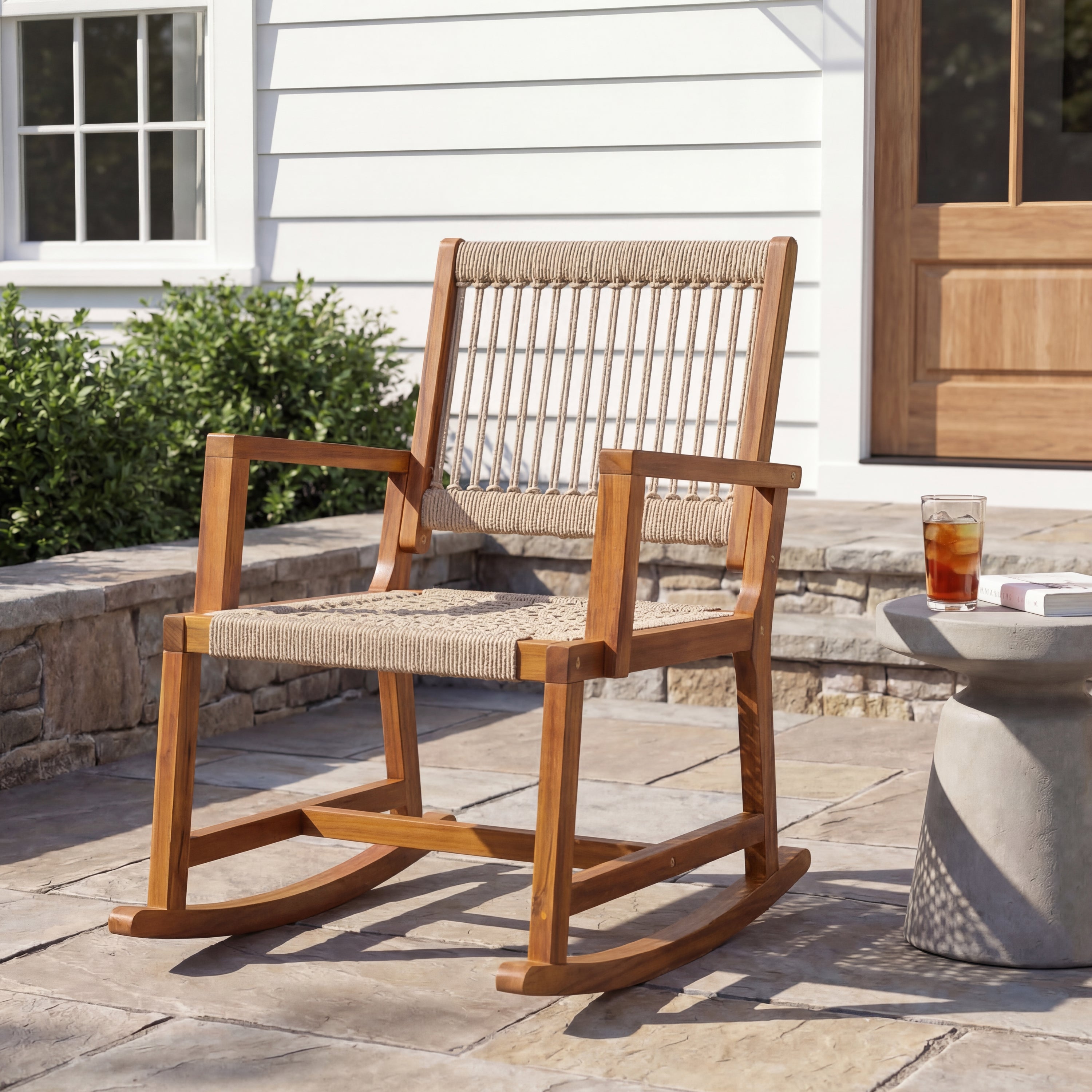 Laguna Coastal Casual Acacia Wood and Woven Rope Outdoor Rocking Chair