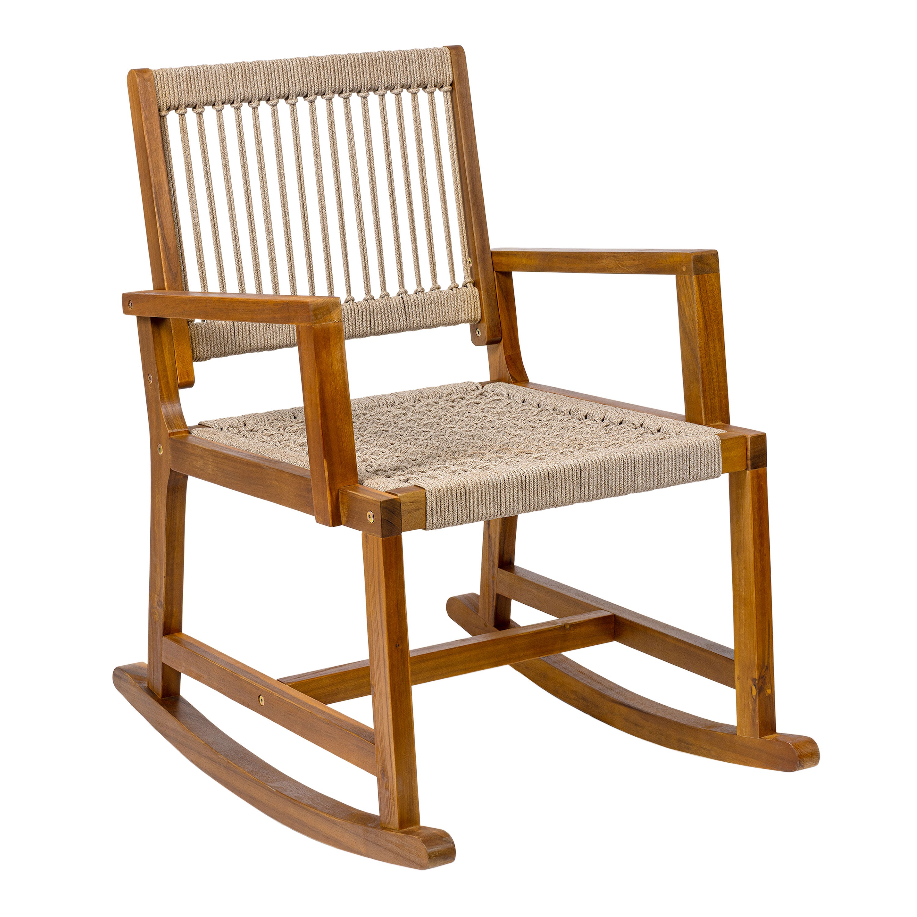 Laguna Coastal Casual Acacia Wood and Woven Rope Outdoor Rocking Chair