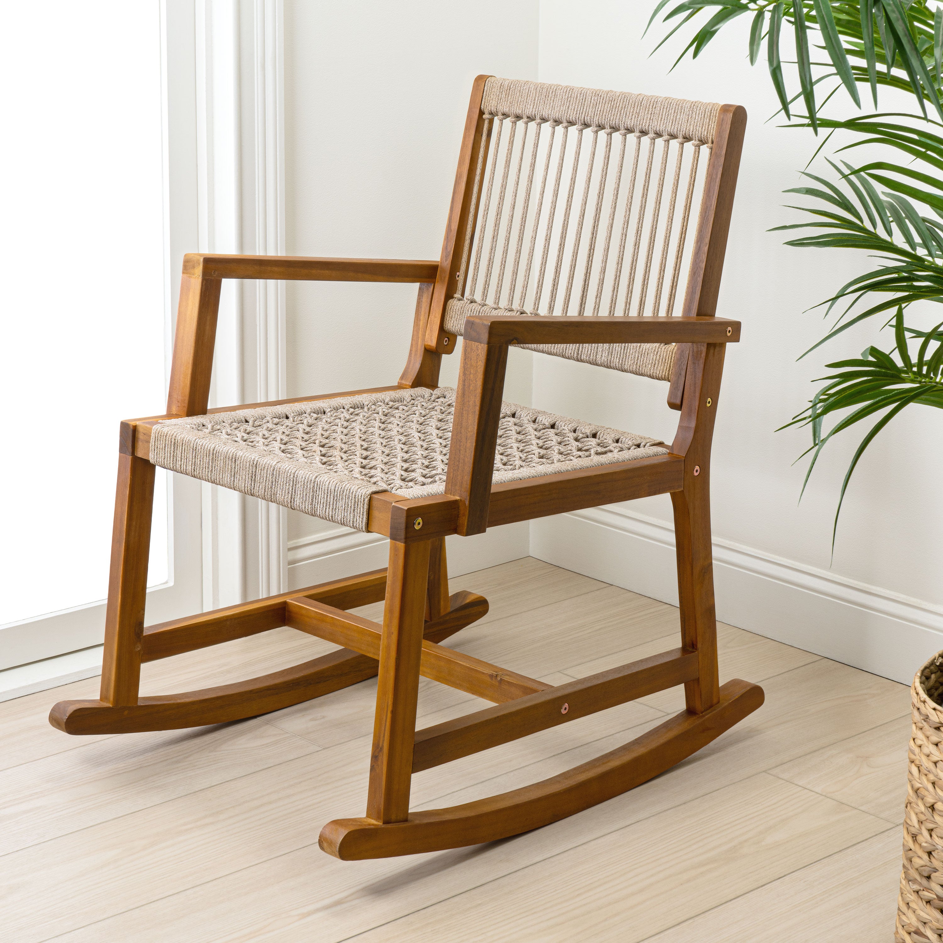 Laguna Coastal Casual Acacia Wood and Woven Rope Outdoor Rocking Chair