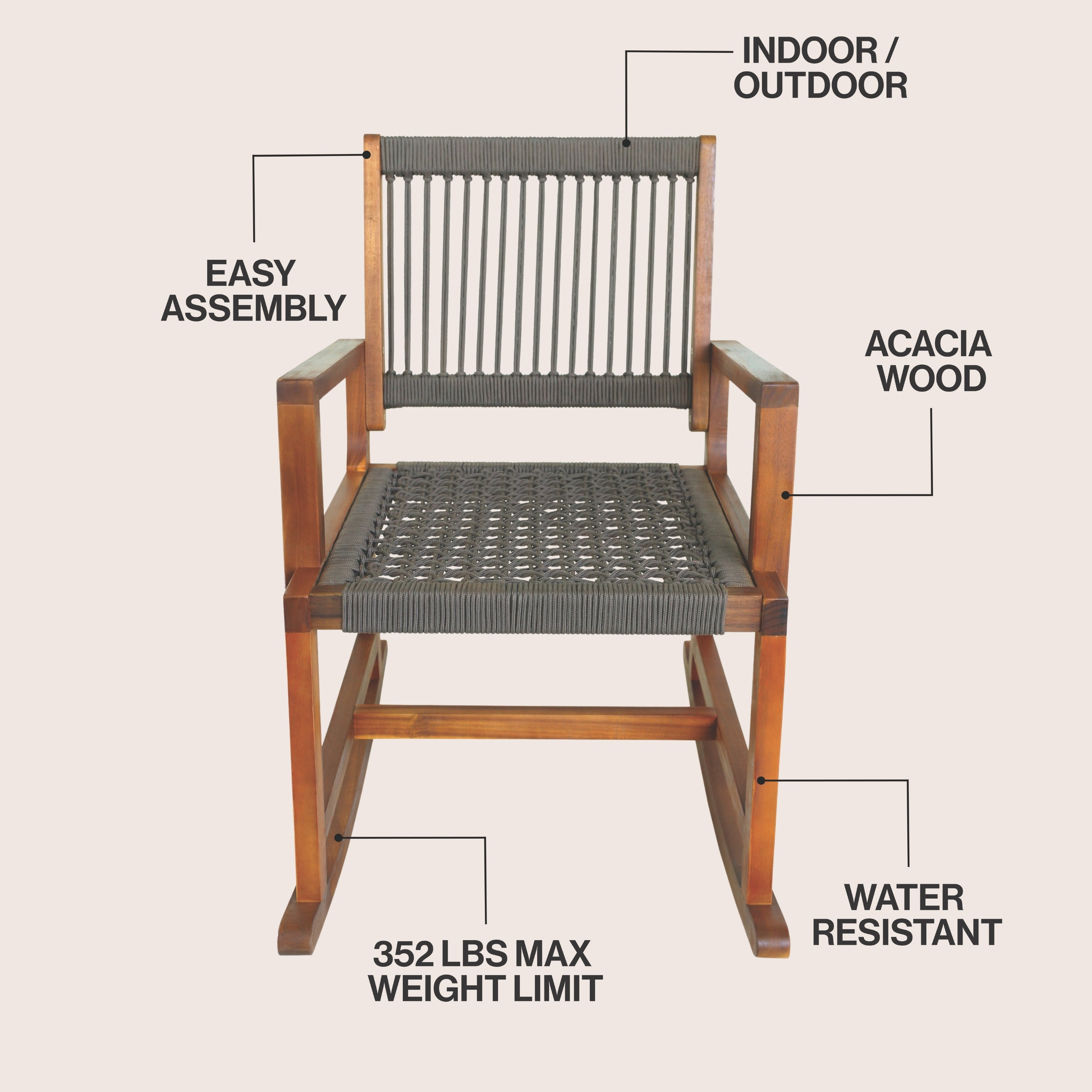 Laguna Coastal Casual Acacia Wood and Woven Rope Outdoor Rocking Chair