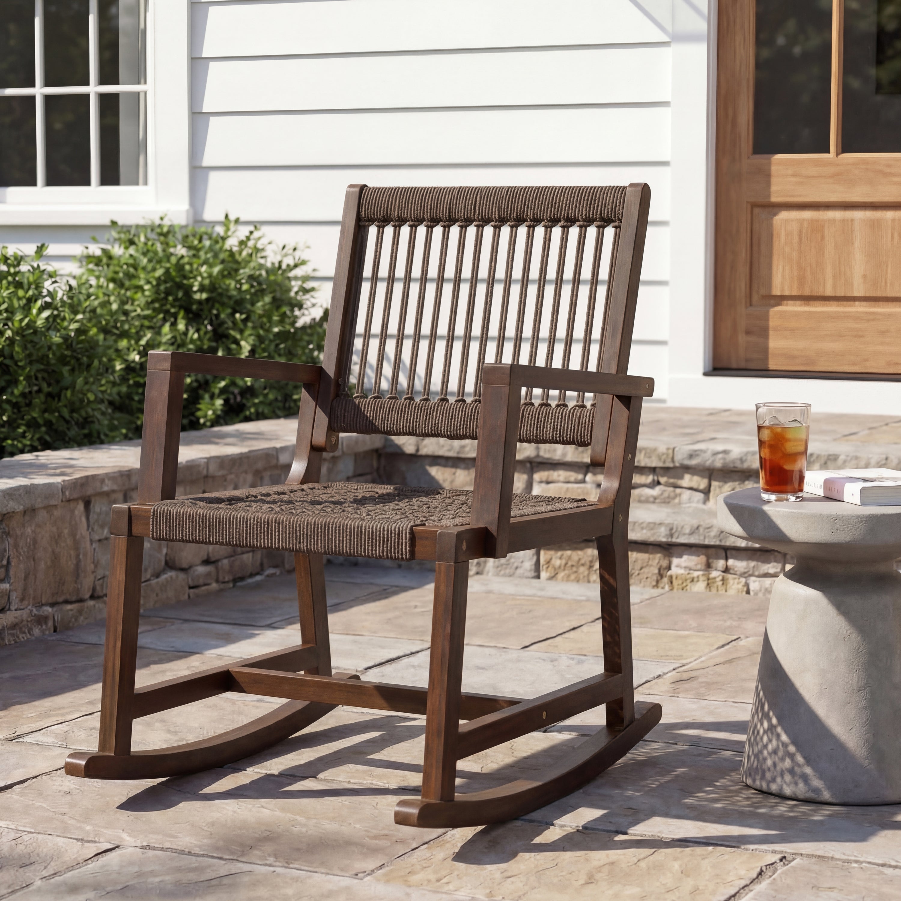 Laguna Coastal Casual Acacia Wood and Woven Rope Outdoor Rocking Chair
