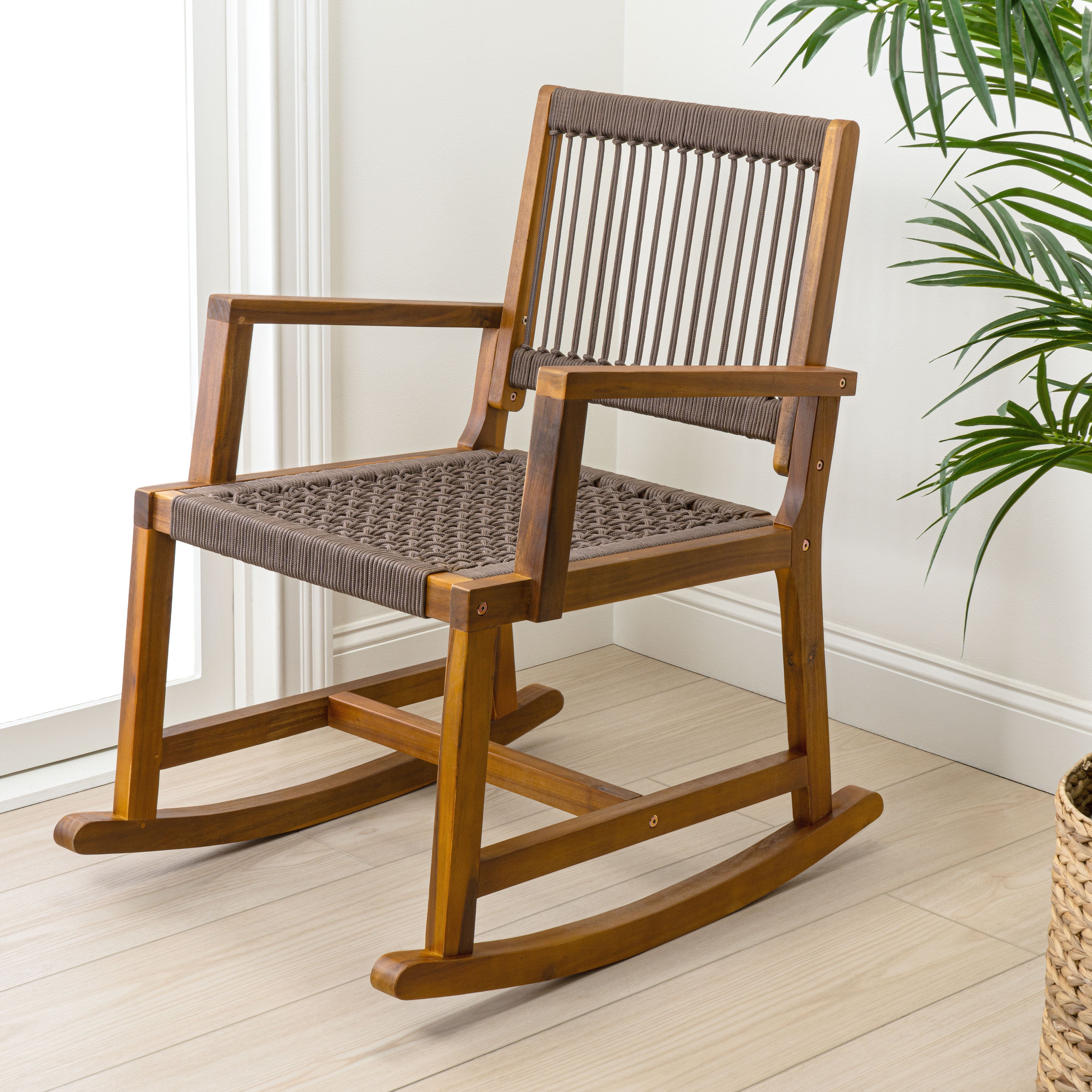 Laguna Coastal Casual Acacia Wood and Woven Rope Outdoor Rocking Chair