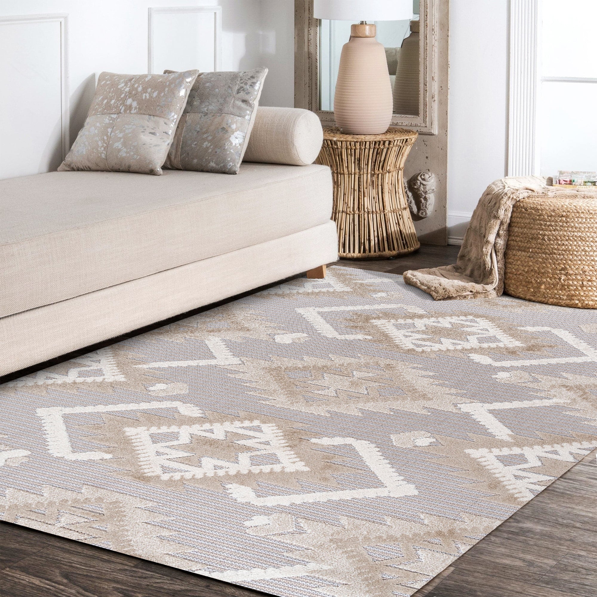 Sumak High-Low Pile Neutral Diamond Kilim Indoor/Outdoor Area Rug