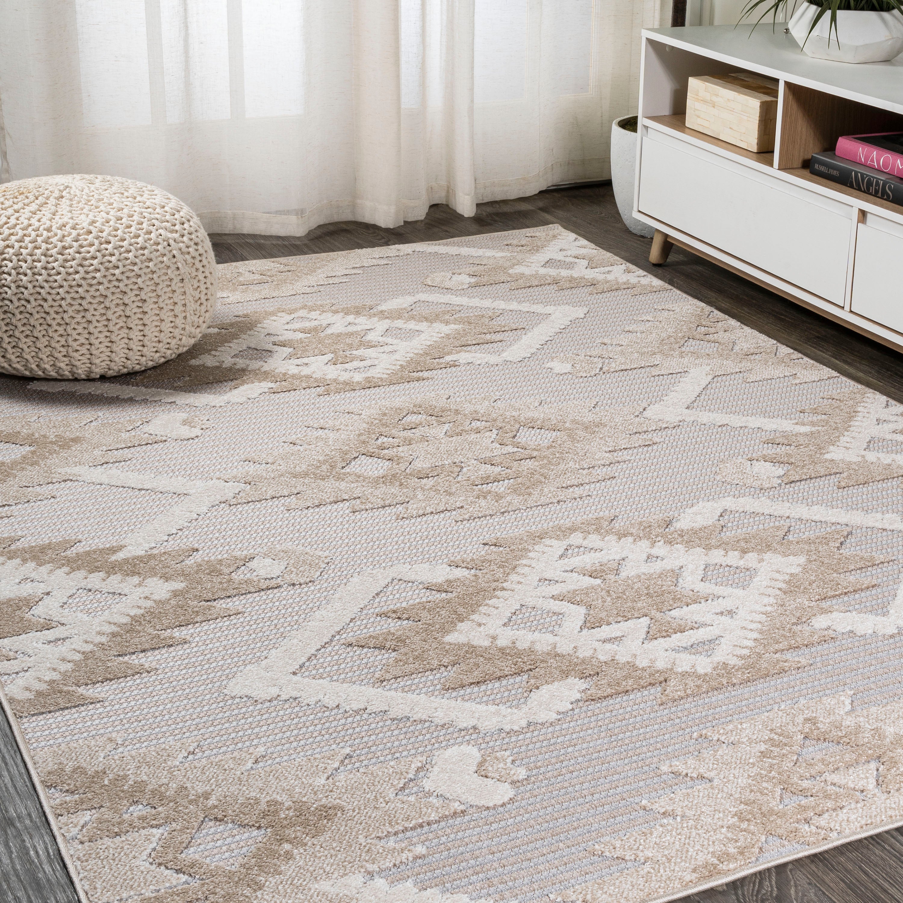 Sumak High-Low Pile Neutral Diamond Kilim Indoor/Outdoor Area Rug