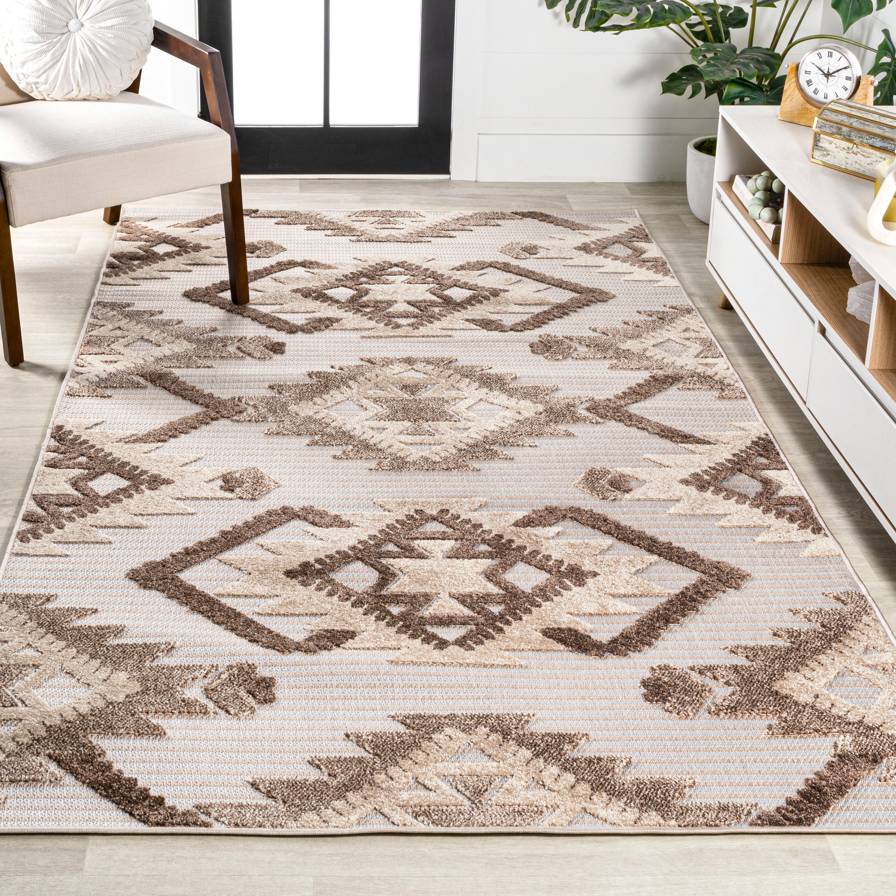 Sumak High-Low Pile Neutral Diamond Kilim Indoor/Outdoor Area Rug