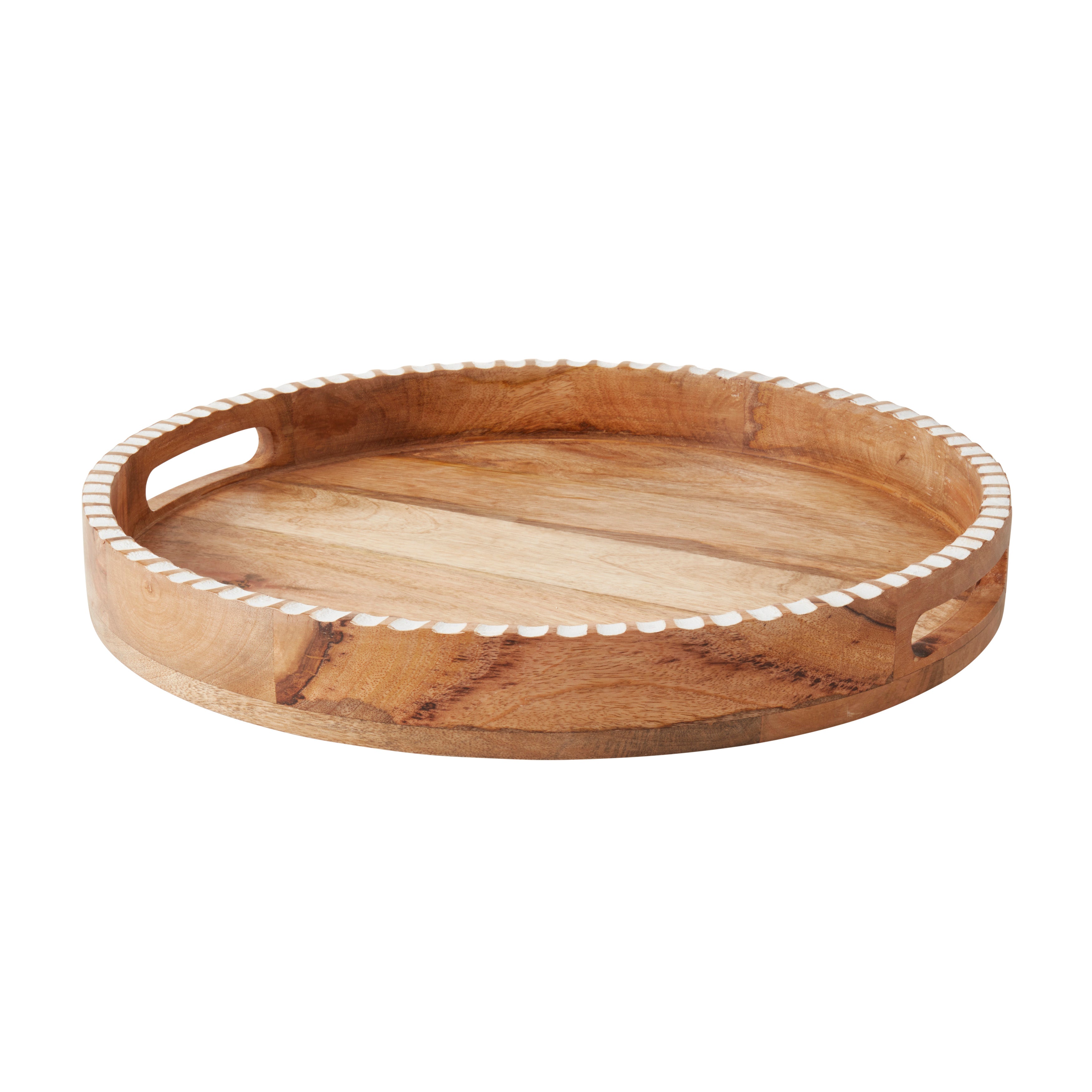 Rustic Charm Ribbed Round Wooden Tray