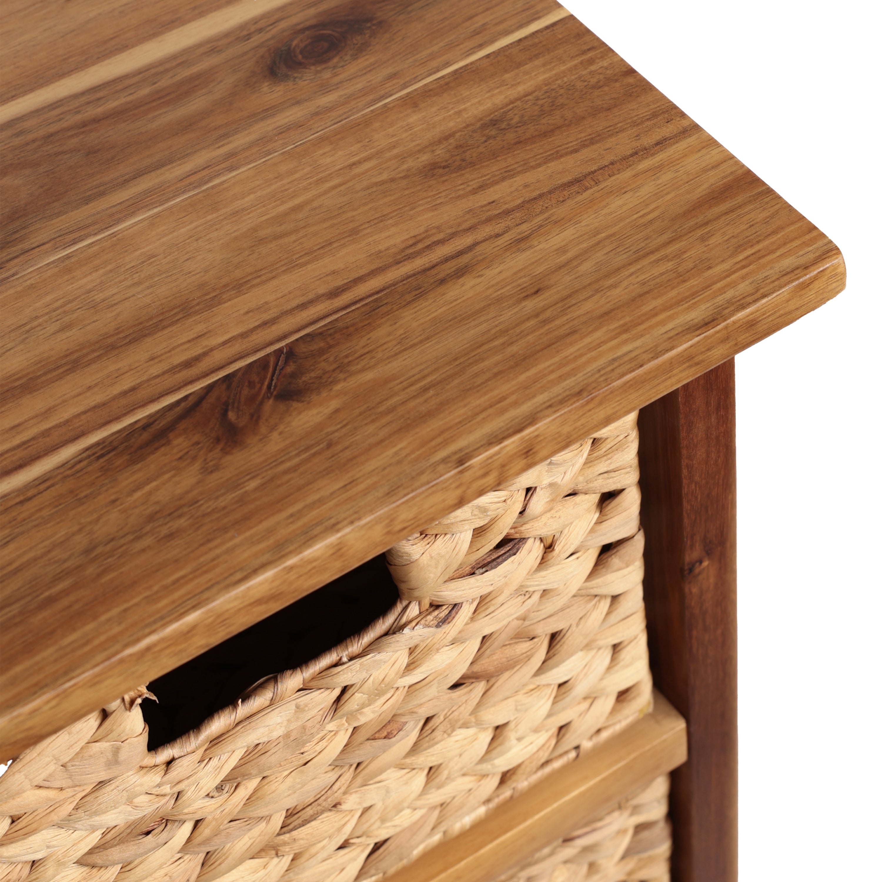 Cohen Coastal Bohemian Handcrafted Acacia Wood 4-Tier Storage Cabinet with 4 Water Hyacinth Woven Baskets